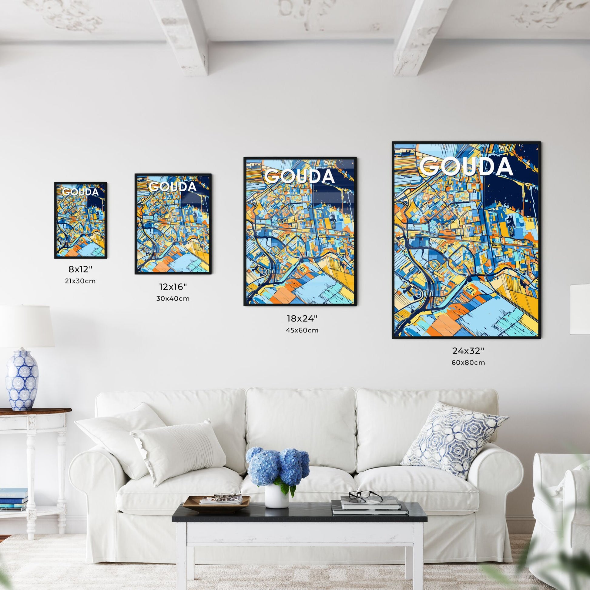 GOUDA NETHERLANDS Vibrant Colorful Art Map Poster Blue Orange