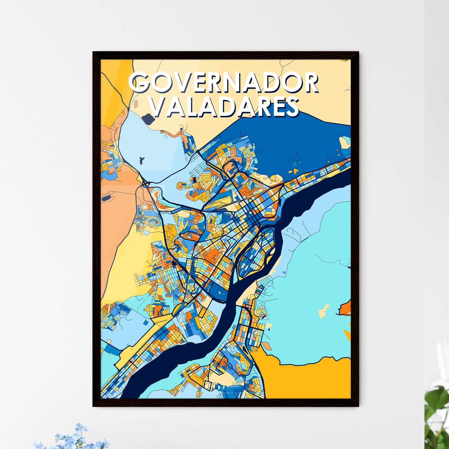 GOVERNADOR VALADARES BRAZIL Vibrant Colorful Art Map Poster Blue Orange