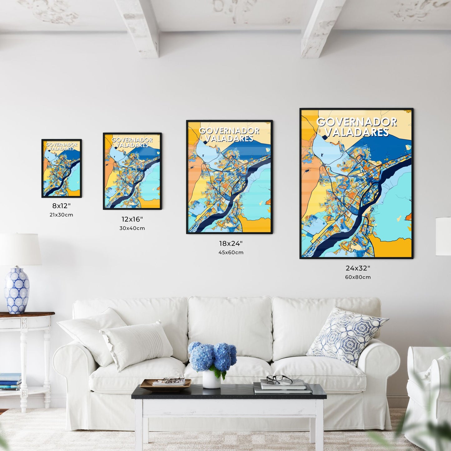 GOVERNADOR VALADARES BRAZIL Vibrant Colorful Art Map Poster Blue Orange