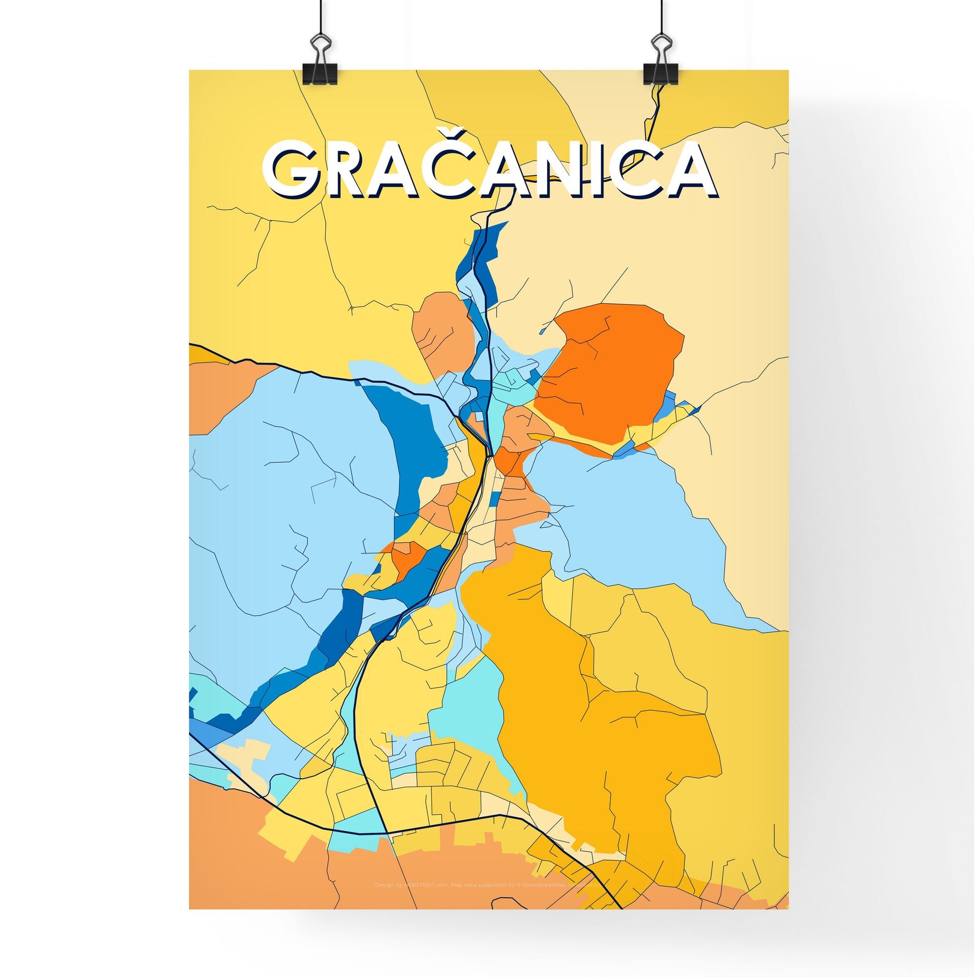 GRAČANICA BOSNIA AND HERZEGOVINA Vibrant Colorful Art Map Poster Blue Orange