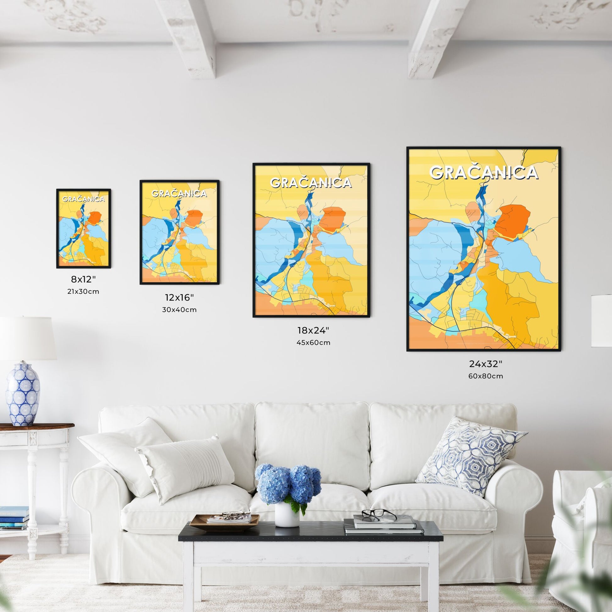 GRAČANICA BOSNIA AND HERZEGOVINA Vibrant Colorful Art Map Poster Blue Orange