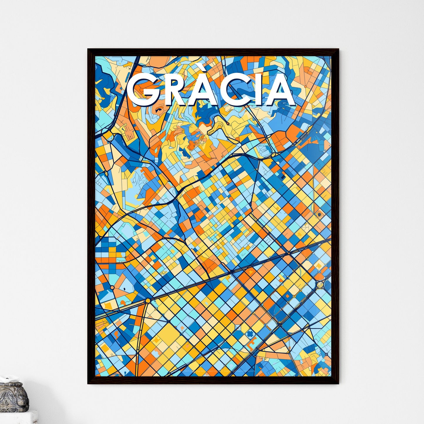 GRÀCIA SPAIN Vibrant Colorful Art Map Poster Blue Orange