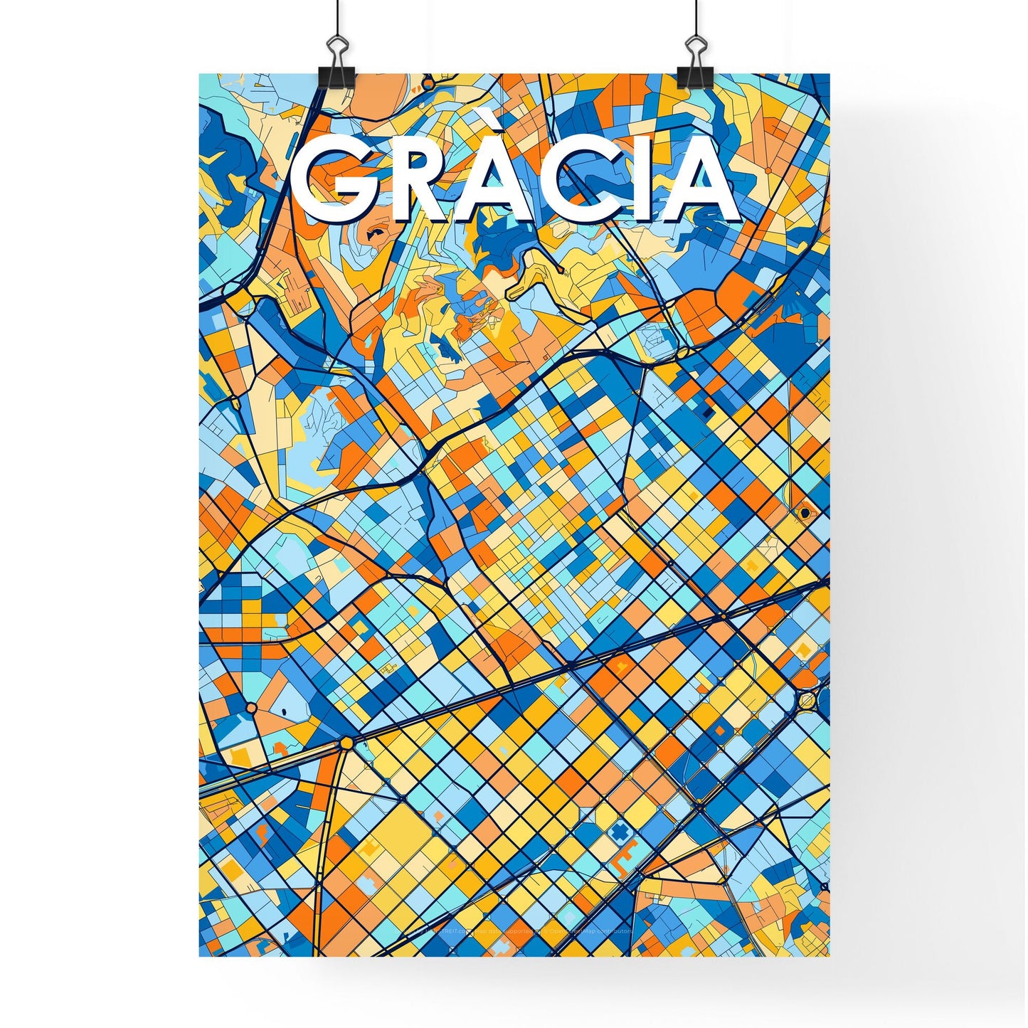 GRÀCIA SPAIN Vibrant Colorful Art Map Poster Blue Orange