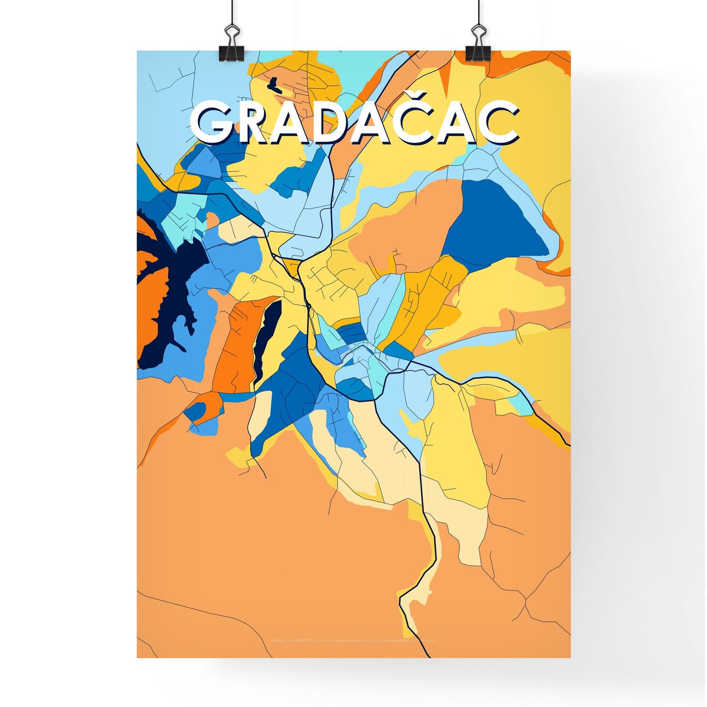 GRADAČAC BOSNIA AND HERZEGOVINA Vibrant Colorful Art Map Poster Blue Orange