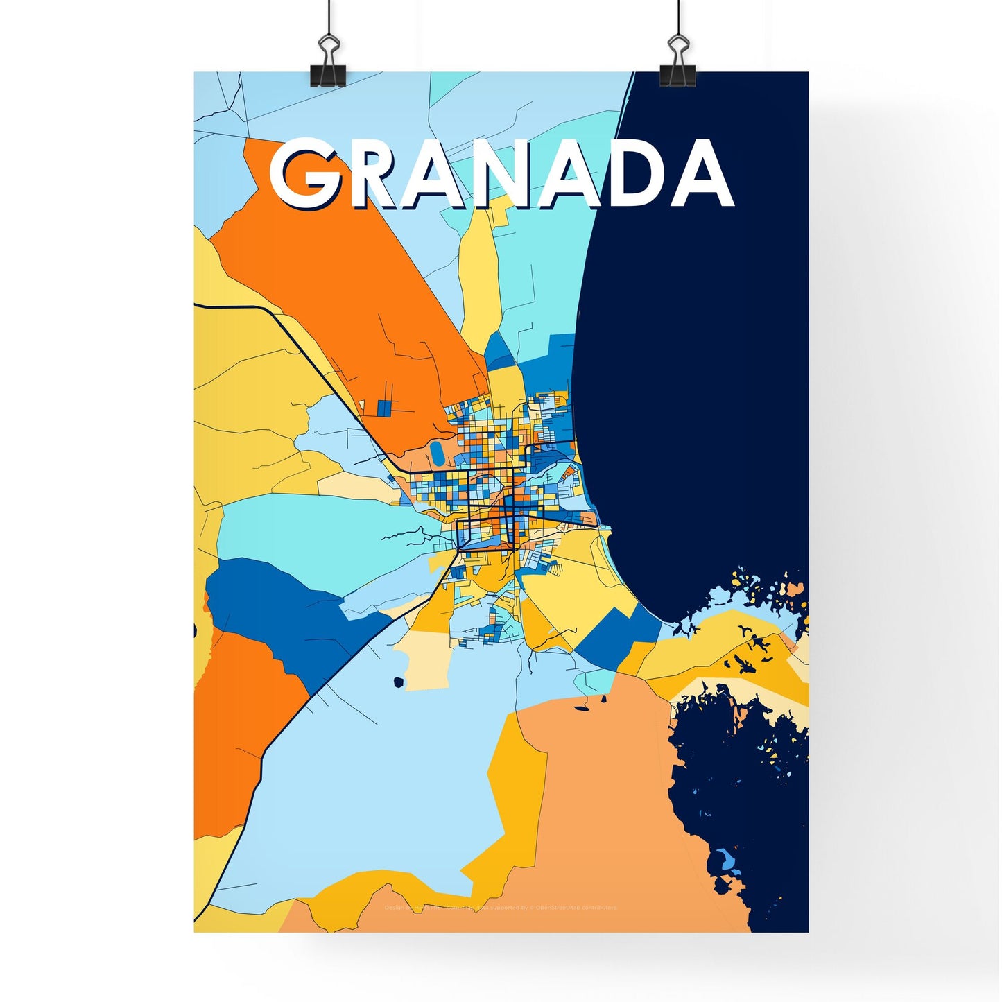 GRANADA NICARAGUA Vibrant Colorful Art Map Poster Blue Orange