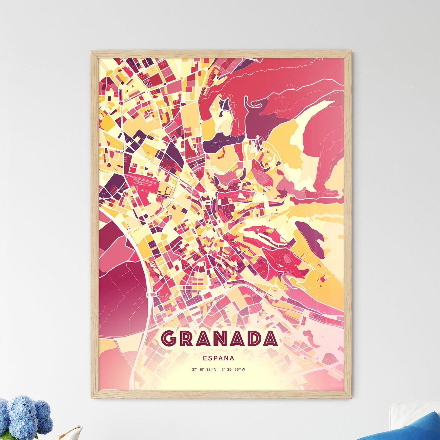 Colorful Granada Spain Fine Art Map Hot Red