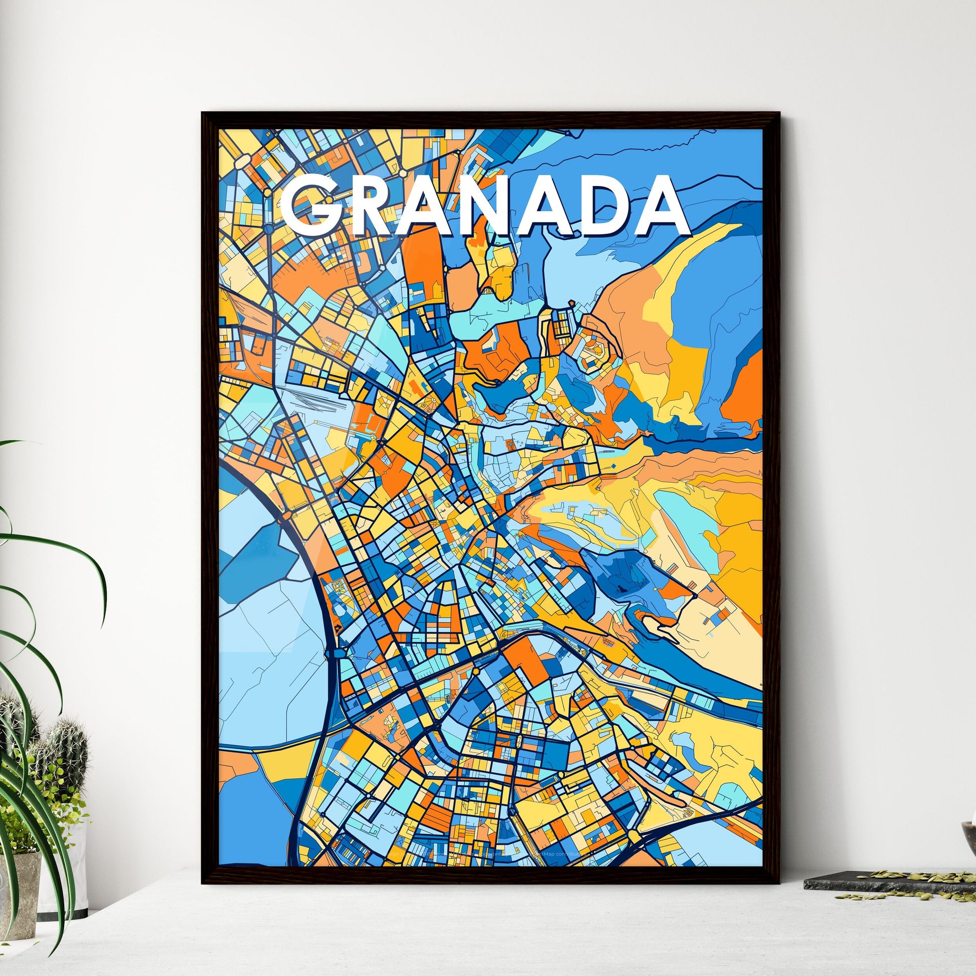 GRANADA SPAIN Vibrant Colorful Art Map Poster Blue Orange