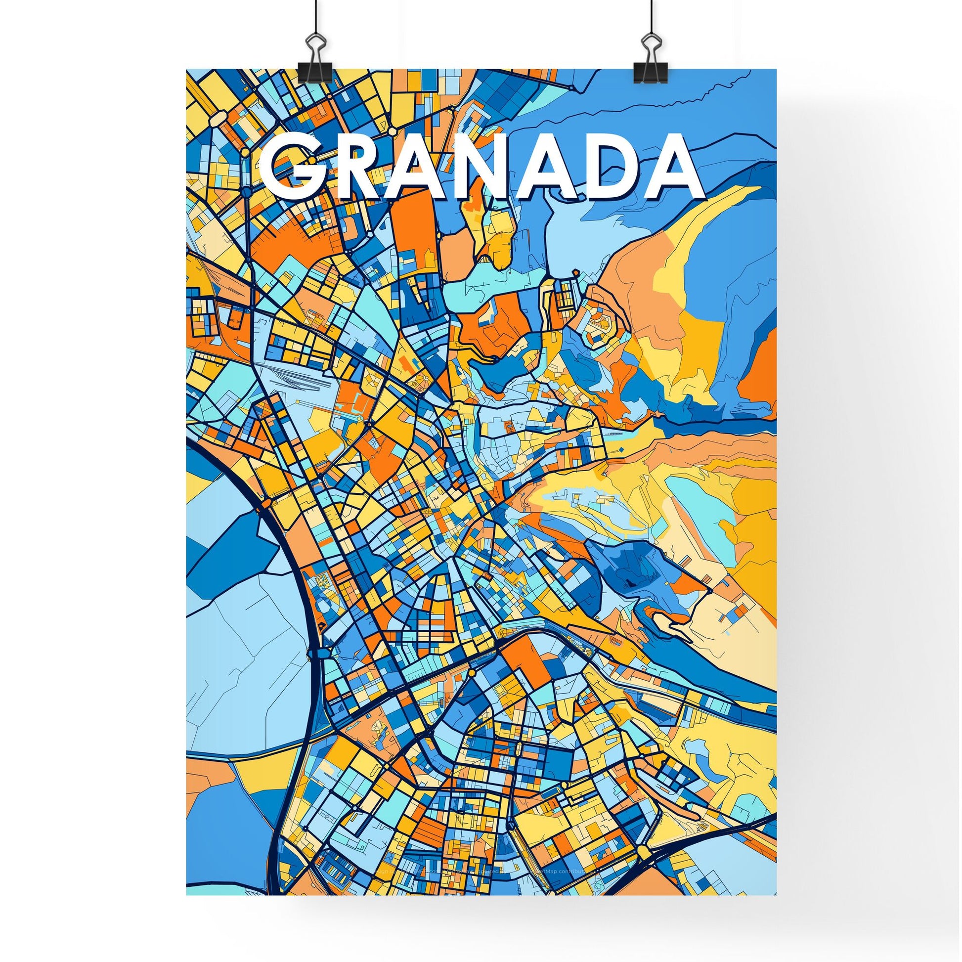 GRANADA SPAIN Vibrant Colorful Art Map Poster Blue Orange