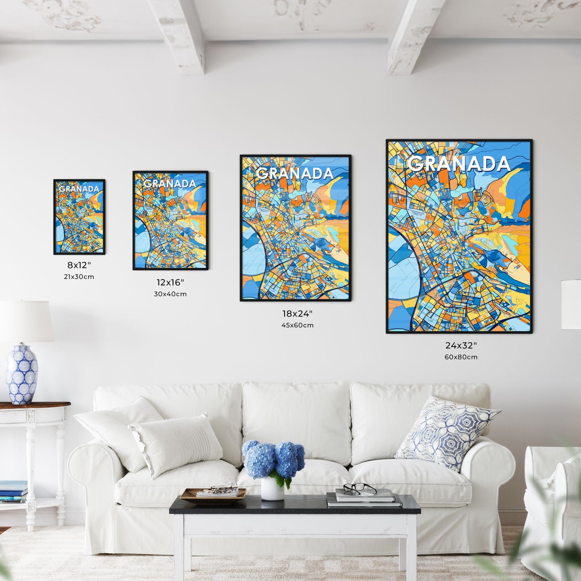 GRANADA SPAIN Vibrant Colorful Art Map Poster Blue Orange