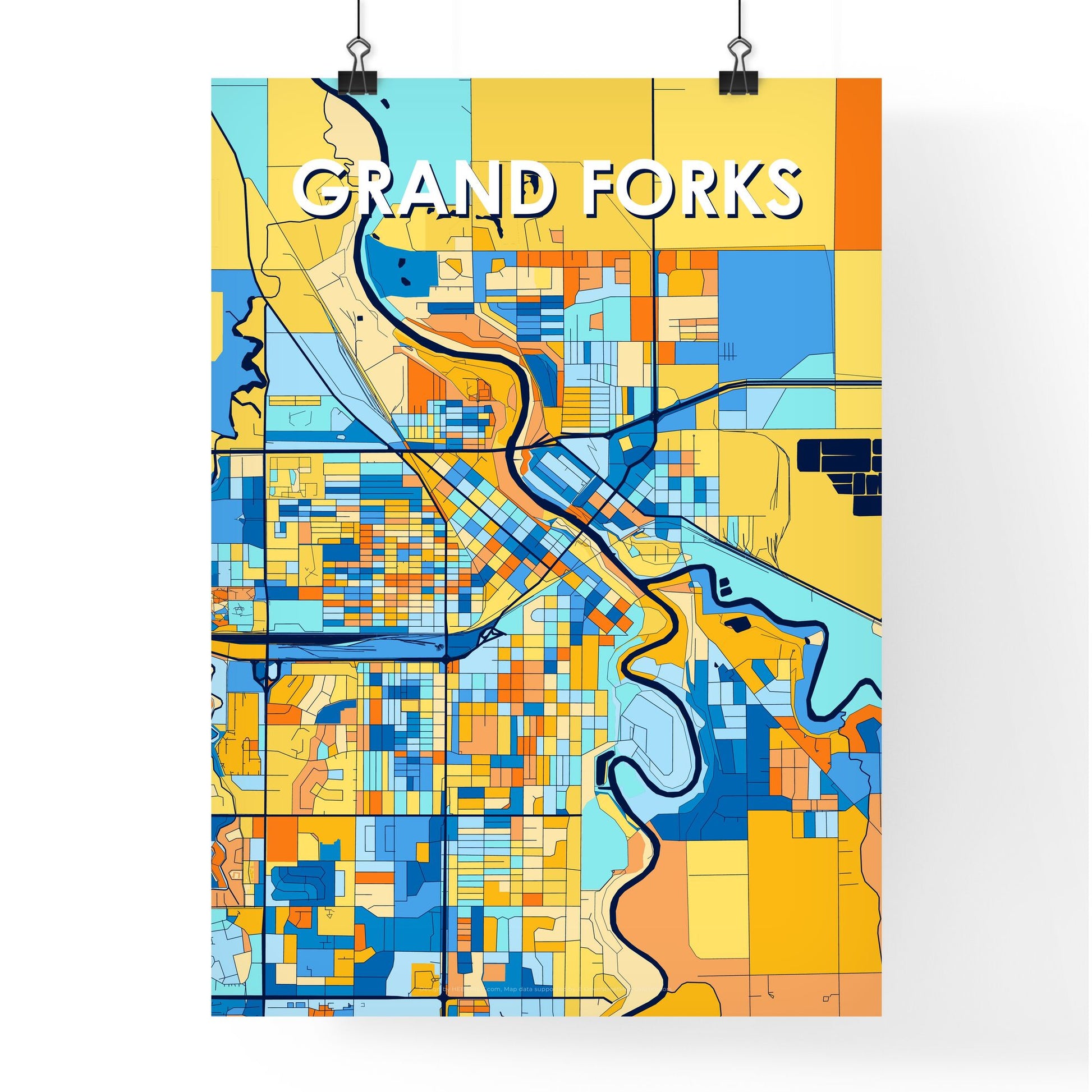 GRAND FORKS NORTH DAKOTA Vibrant Colorful Art Map Poster Blue Orange