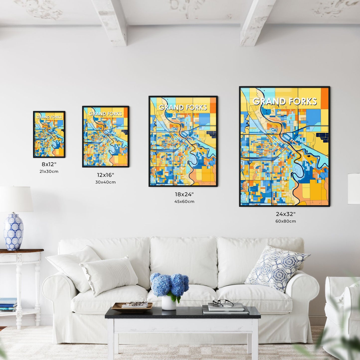 GRAND FORKS NORTH DAKOTA Vibrant Colorful Art Map Poster Blue Orange