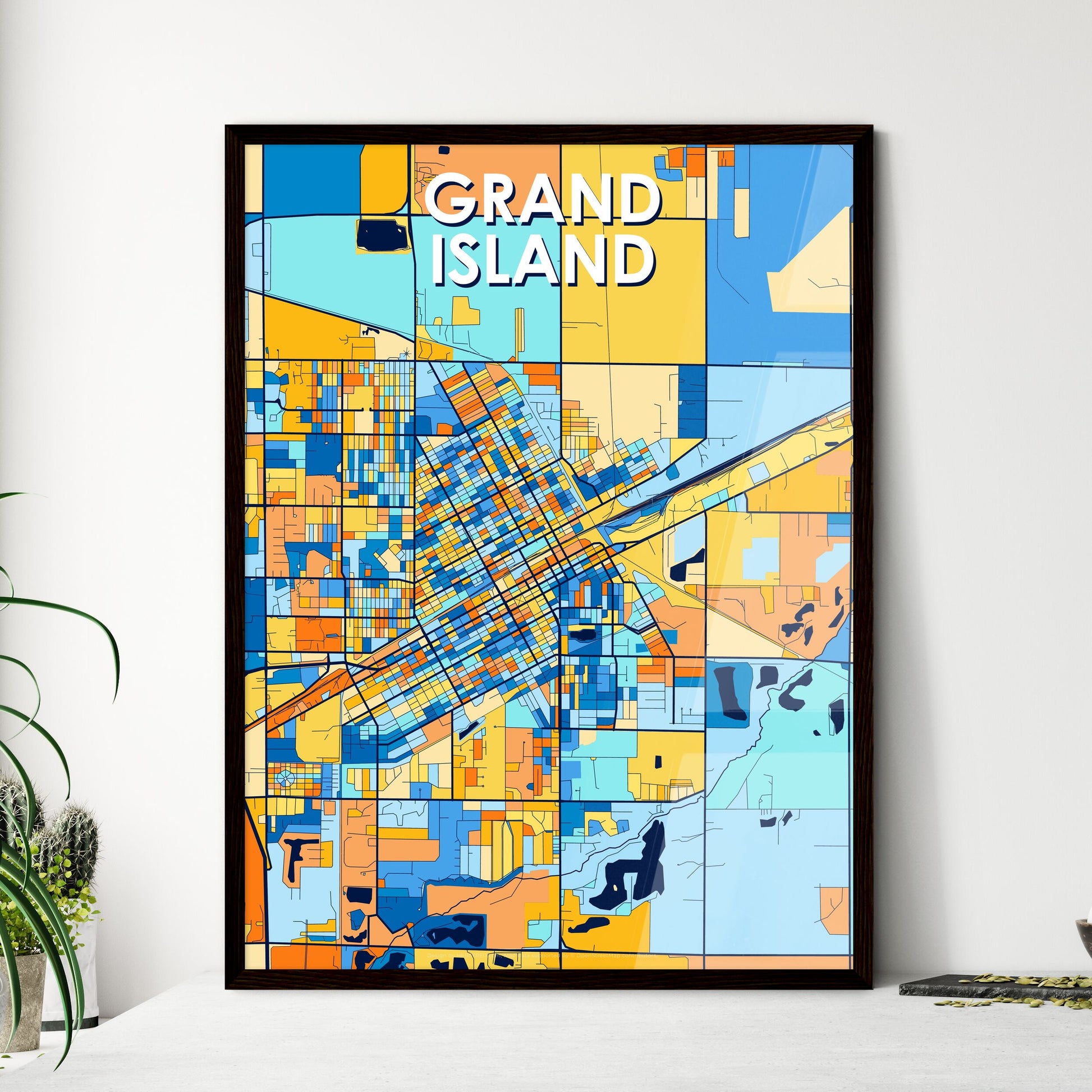 GRAND ISLAND NEBRASKA Vibrant Colorful Art Map Poster Blue Orange