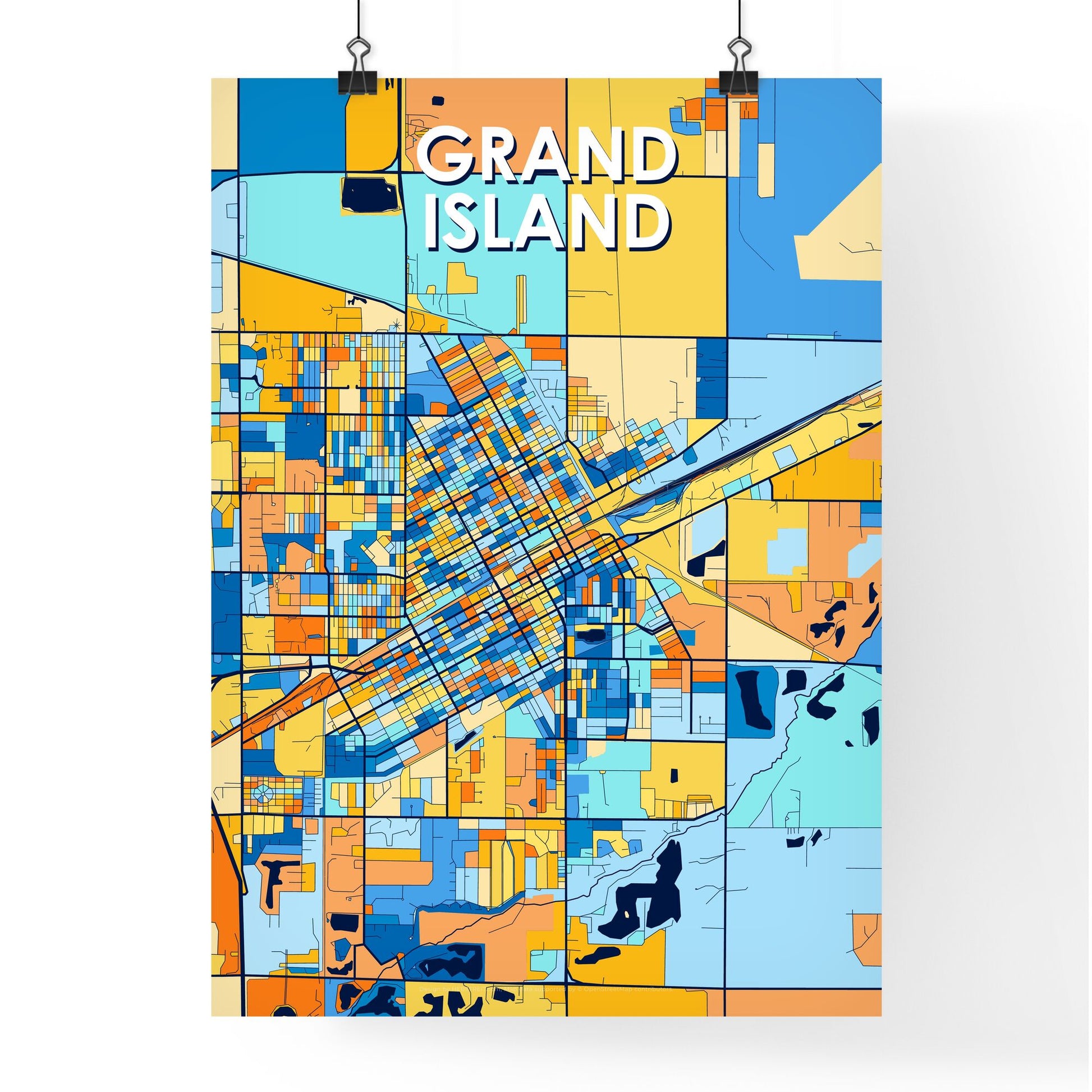 GRAND ISLAND NEBRASKA Vibrant Colorful Art Map Poster Blue Orange