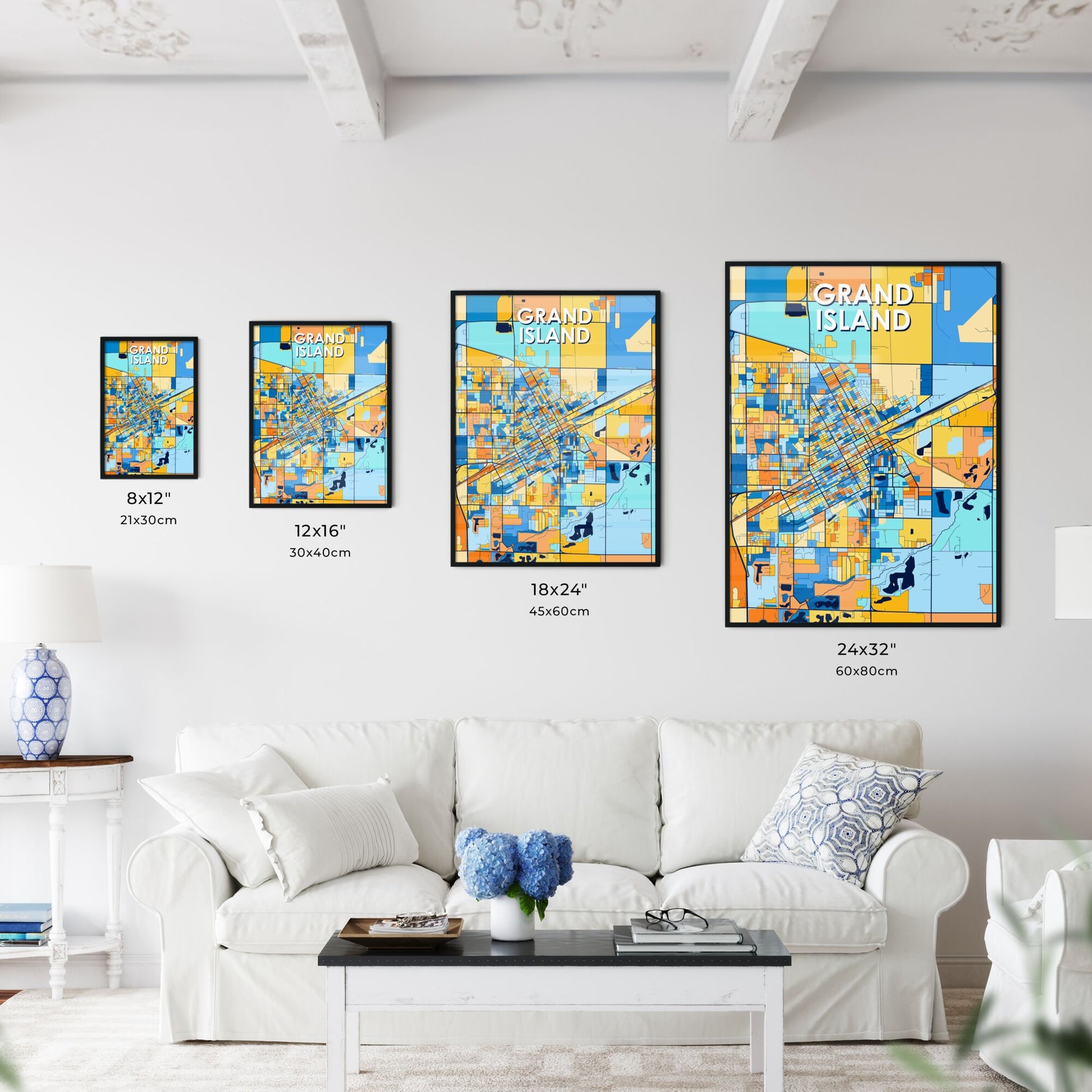 GRAND ISLAND NEBRASKA Vibrant Colorful Art Map Poster Blue Orange