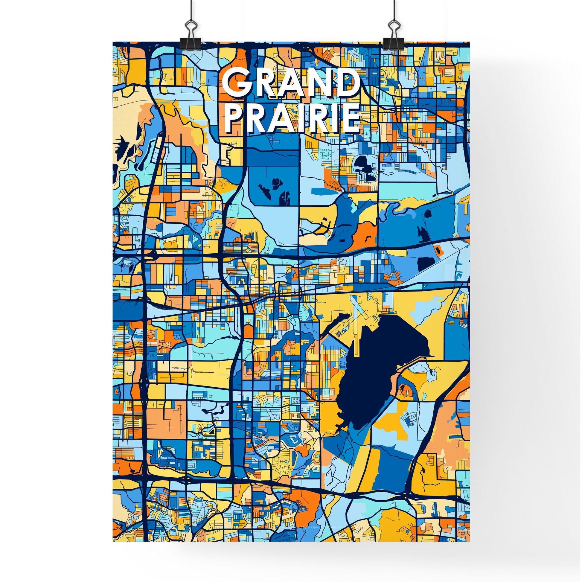 GRAND PRAIRIE TEXAS Vibrant Colorful Art Map Poster Blue Orange