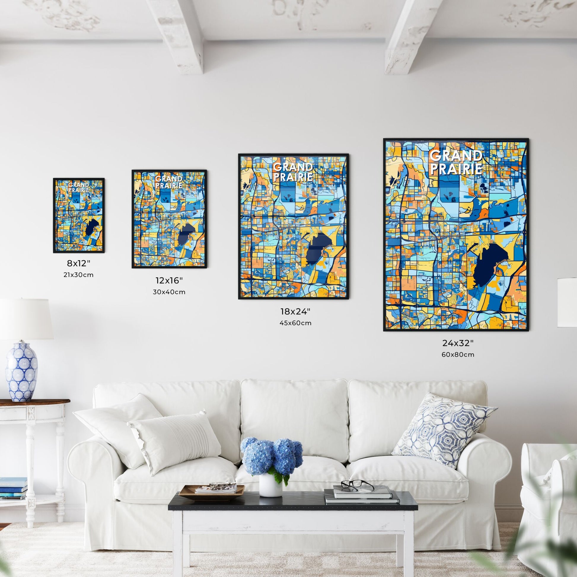 GRAND PRAIRIE TEXAS Vibrant Colorful Art Map Poster Blue Orange