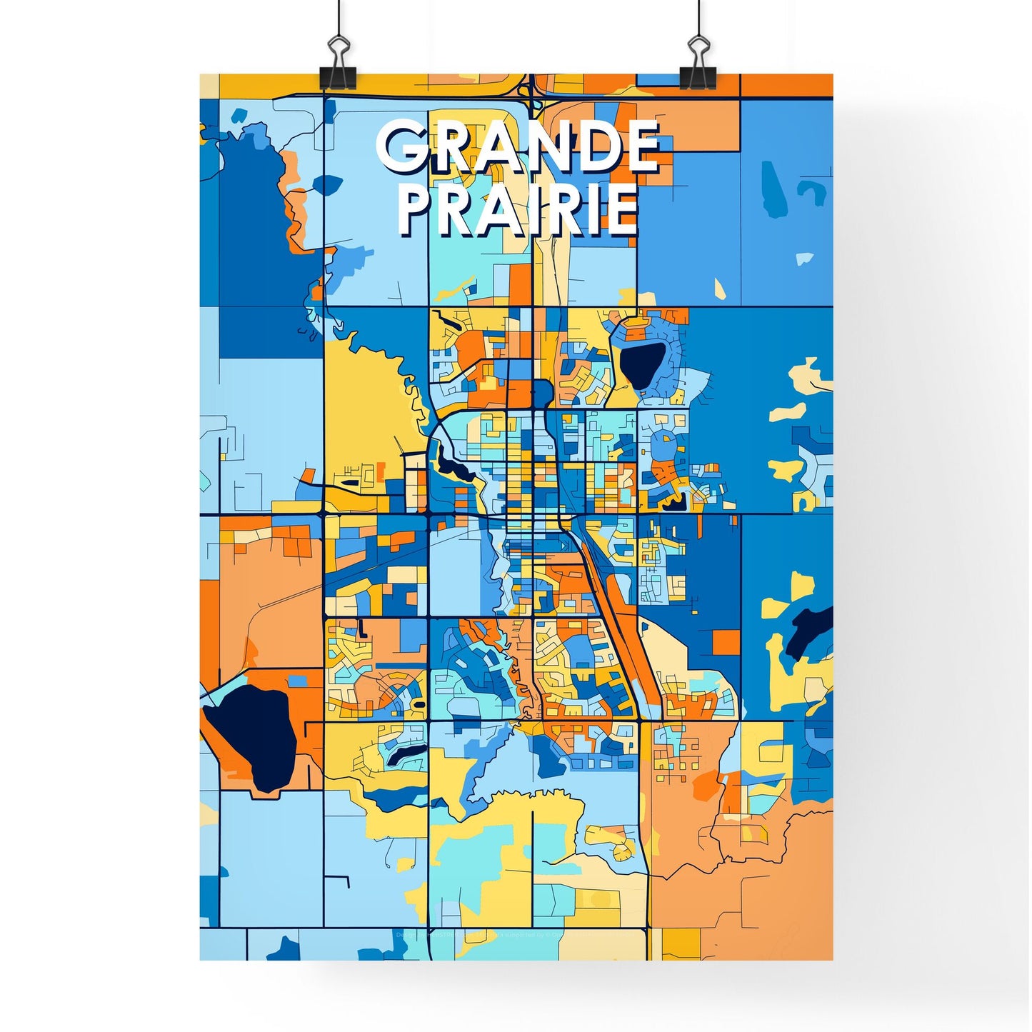 GRANDE PRAIRIE CANADA Vibrant Colorful Art Map Poster Blue Orange