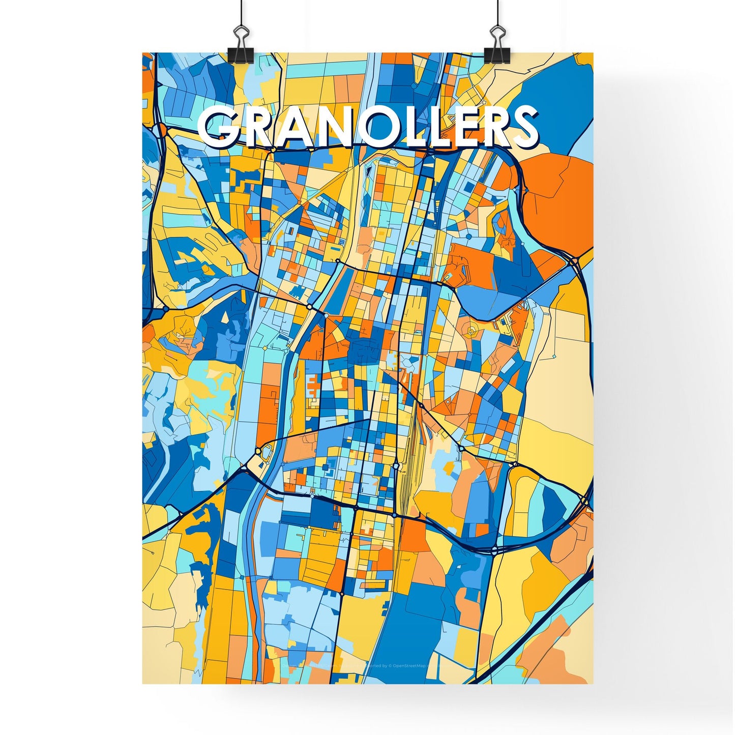 GRANOLLERS SPAIN Vibrant Colorful Art Map Poster Blue Orange