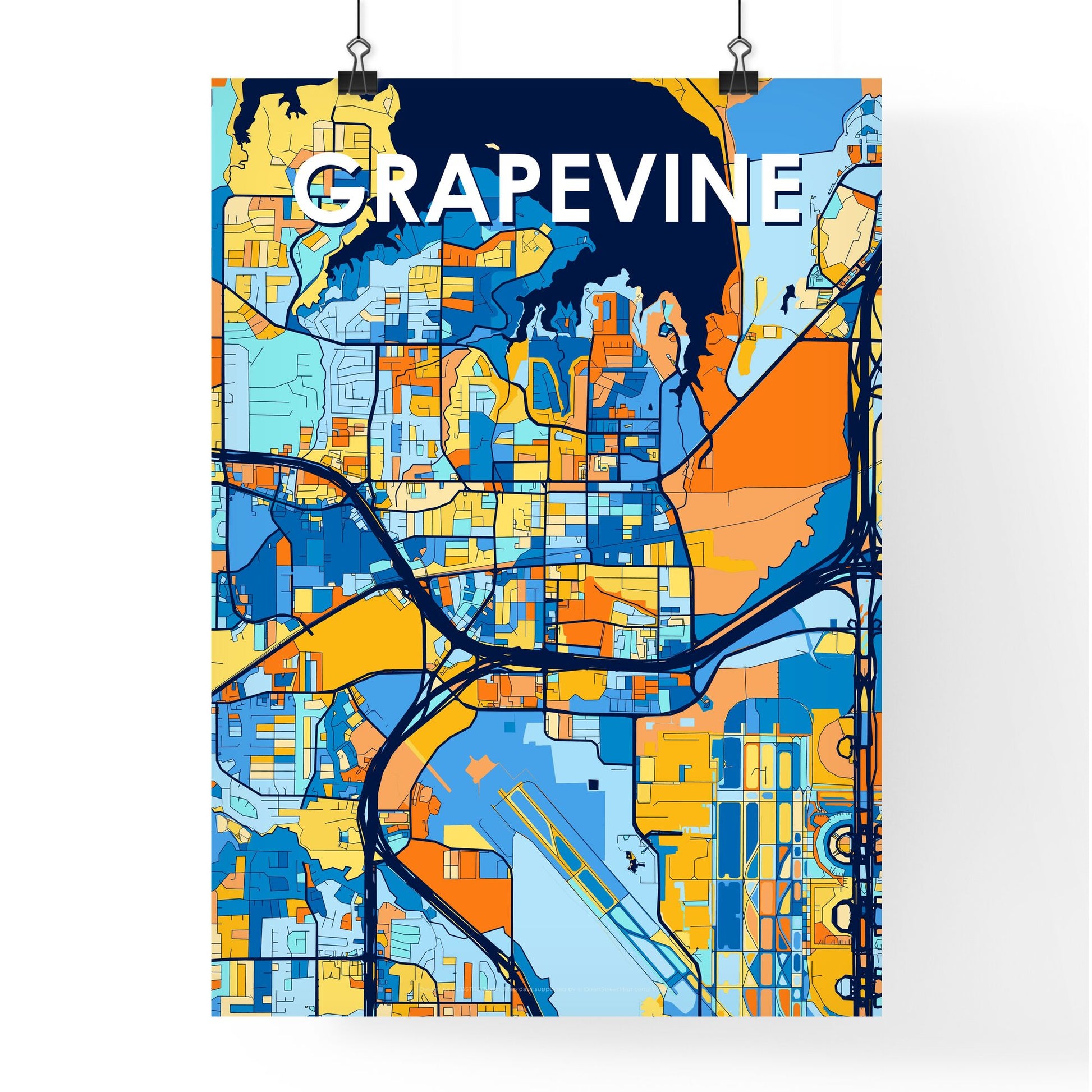 GRAPEVINE TEXAS Vibrant Colorful Art Map Poster Blue Orange