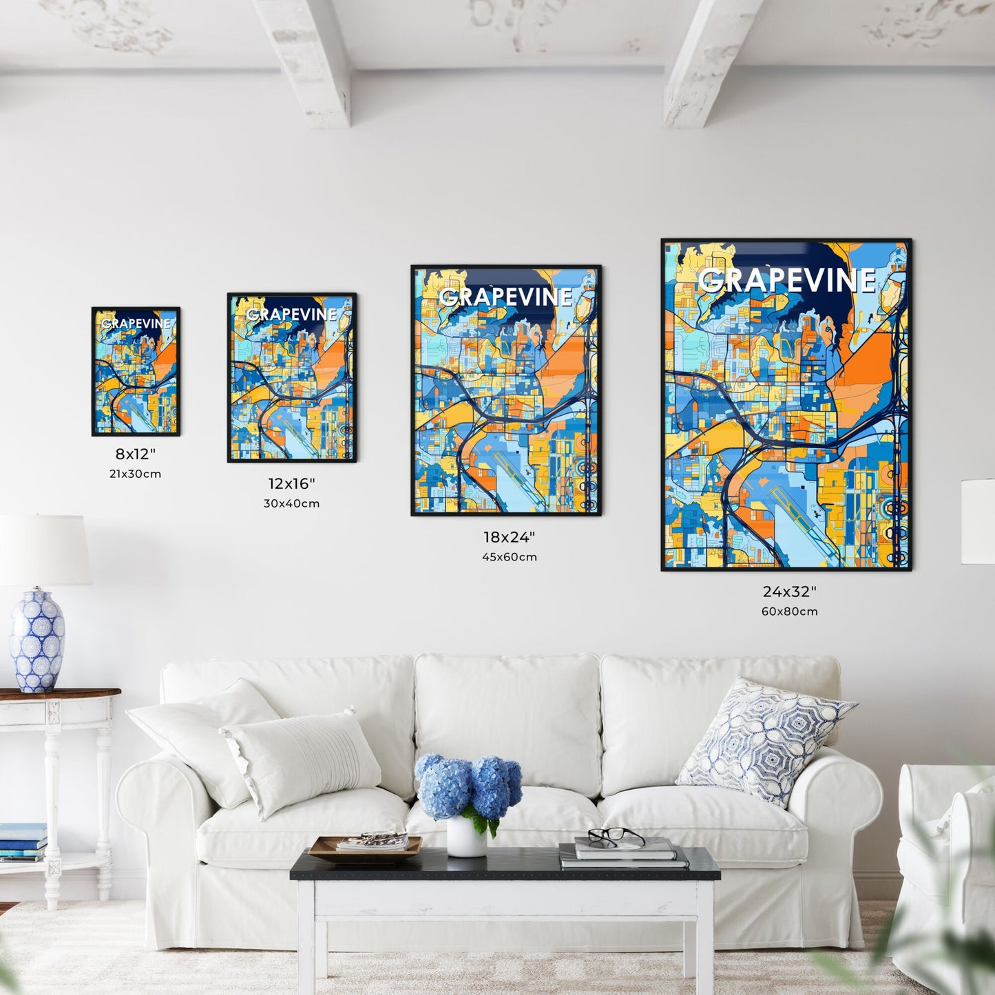 GRAPEVINE TEXAS Vibrant Colorful Art Map Poster Blue Orange