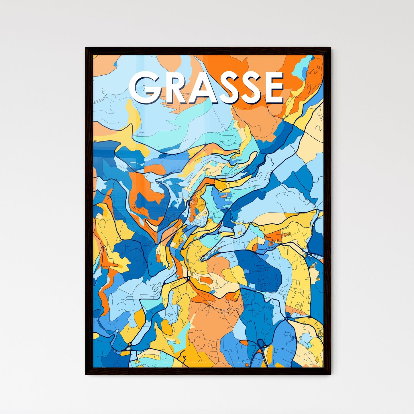 GRASSE FRANCE Vibrant Colorful Art Map Poster Blue Orange