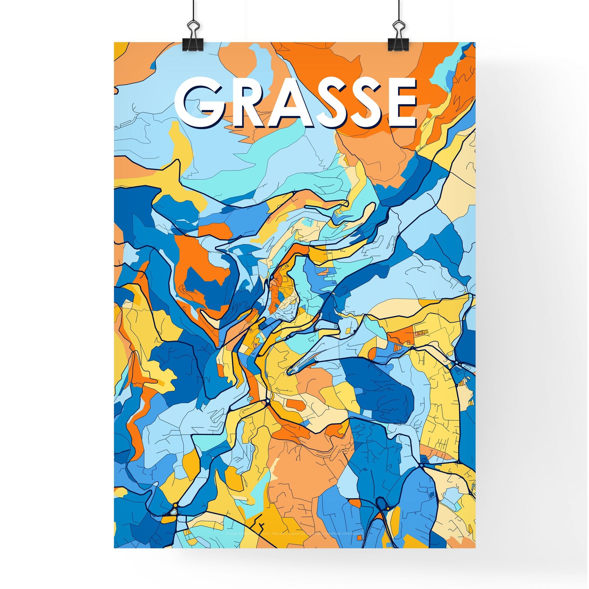 GRASSE FRANCE Vibrant Colorful Art Map Poster Blue Orange