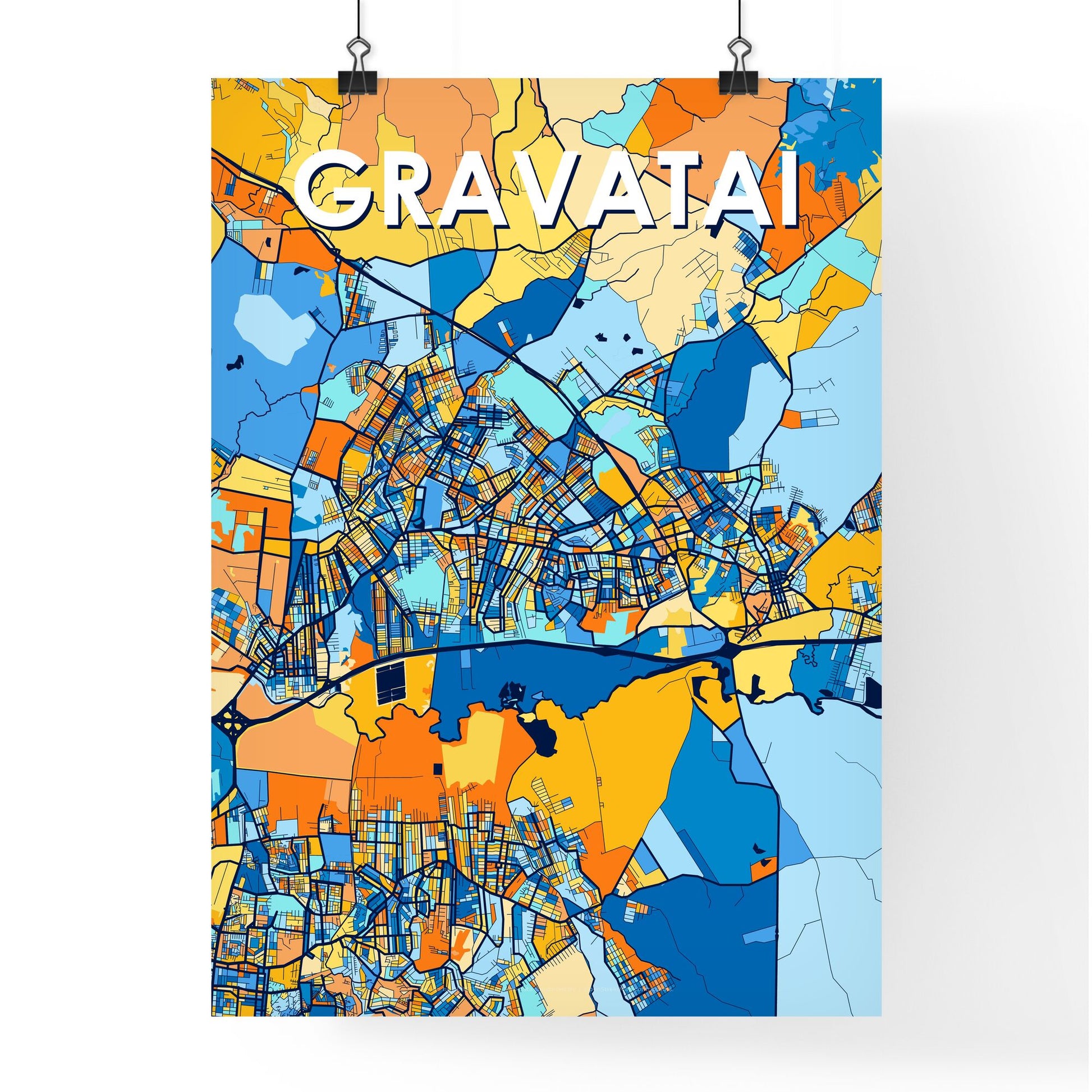 GRAVATAI BRAZIL Vibrant Colorful Art Map Poster Blue Orange