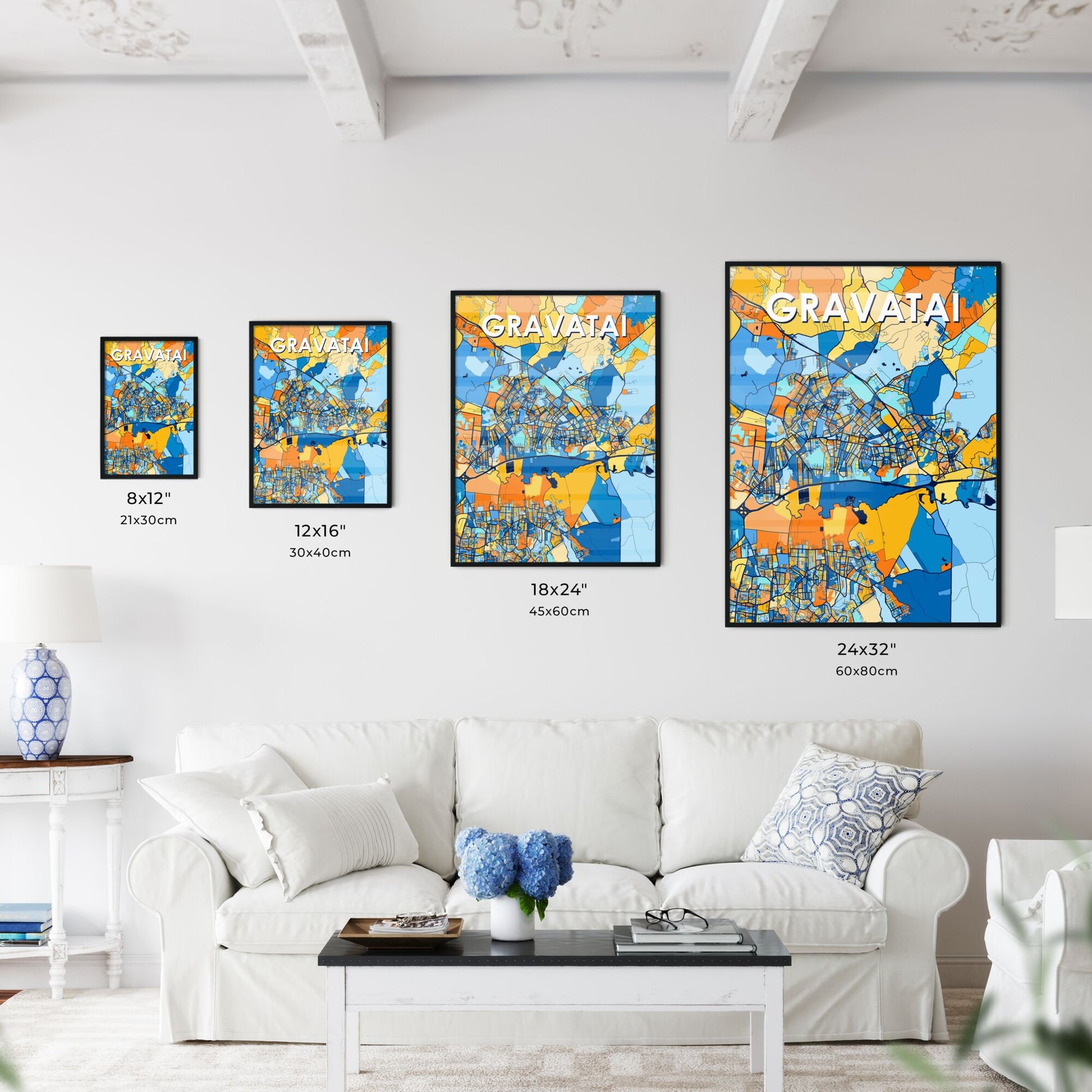 GRAVATAI BRAZIL Vibrant Colorful Art Map Poster Blue Orange