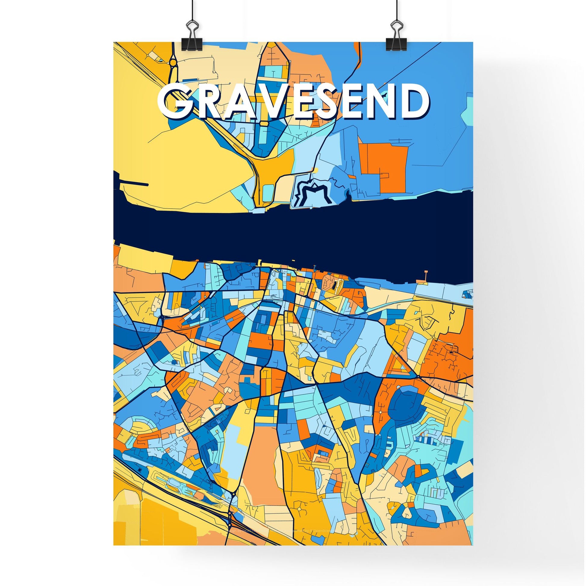 GRAVESEND ENGLAND Vibrant Colorful Art Map Poster Blue Orange