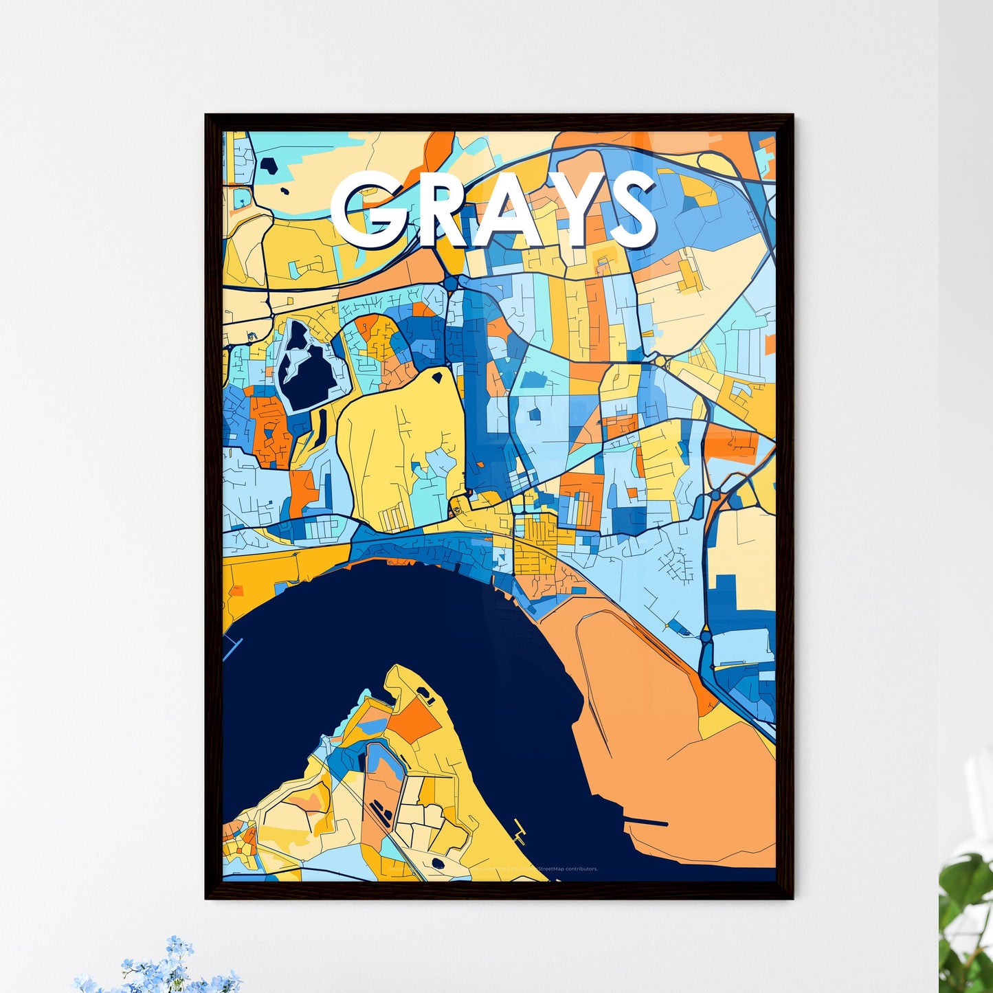 GRAYS ENGLAND Vibrant Colorful Art Map Poster Blue Orange