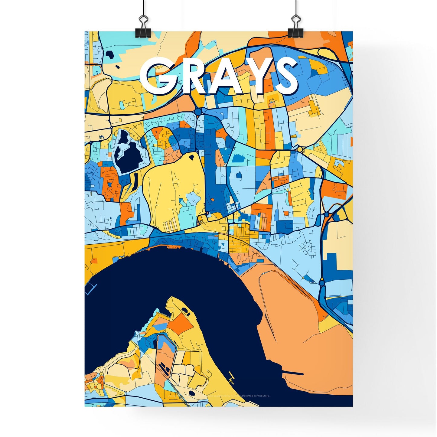 GRAYS ENGLAND Vibrant Colorful Art Map Poster Blue Orange