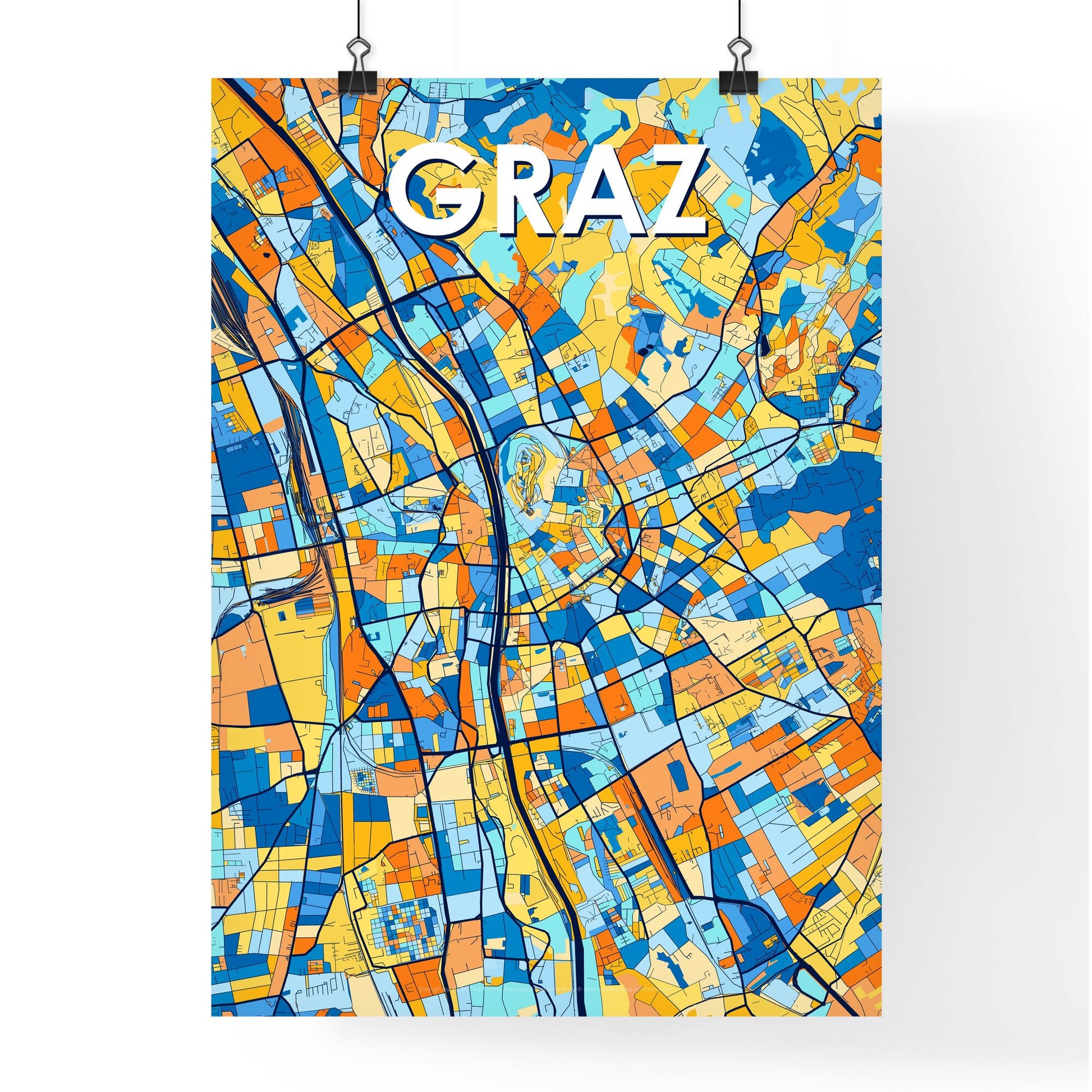 GRAZ AUSTRIA Vibrant Colorful Art Map Poster Blue Orange