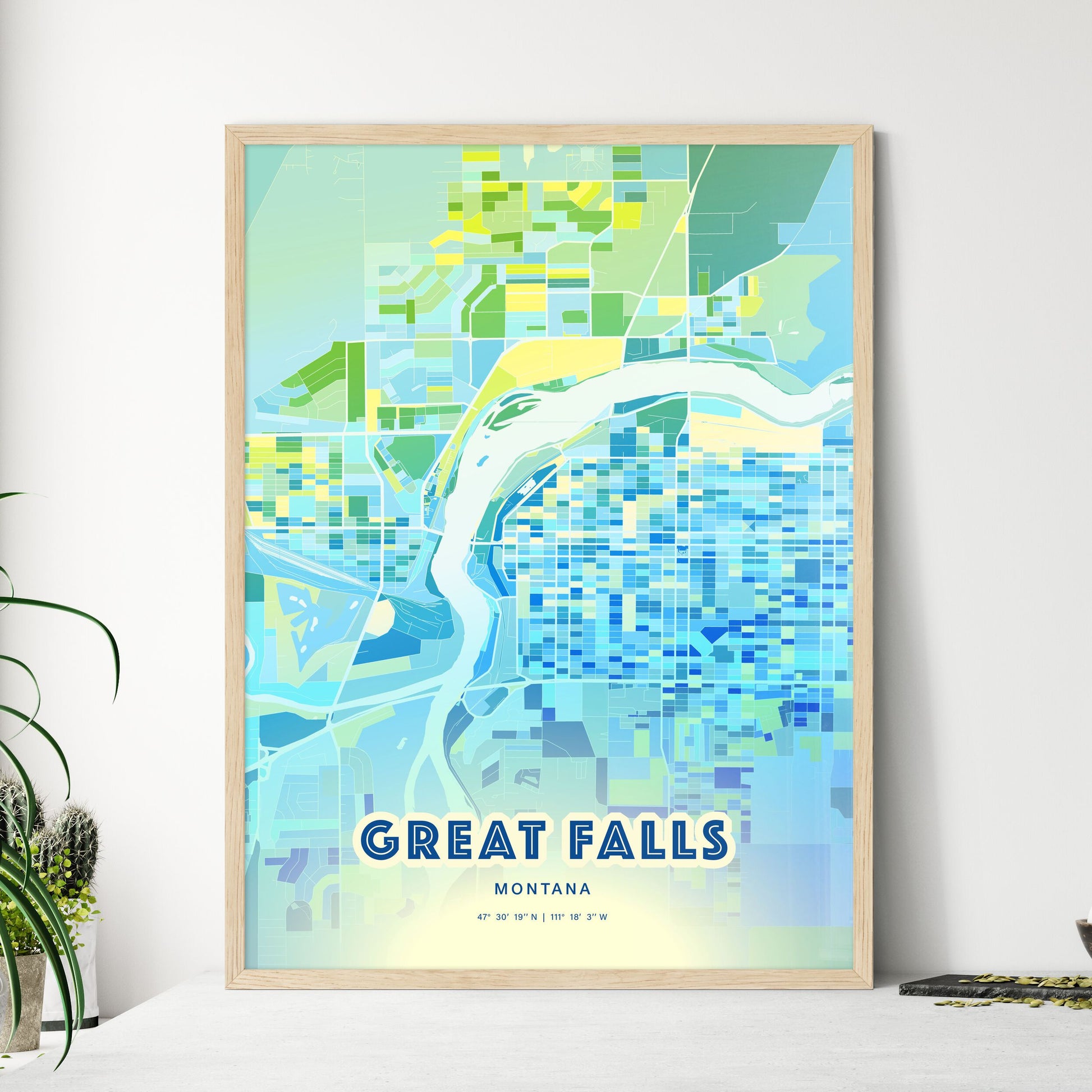 Colorful Great Falls Montana Fine Art Map Cool Blue