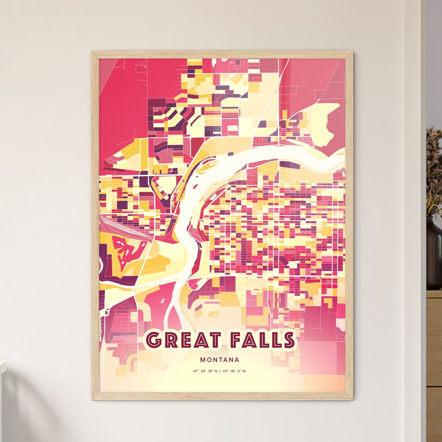 Colorful Great Falls Montana Fine Art Map Hot Red