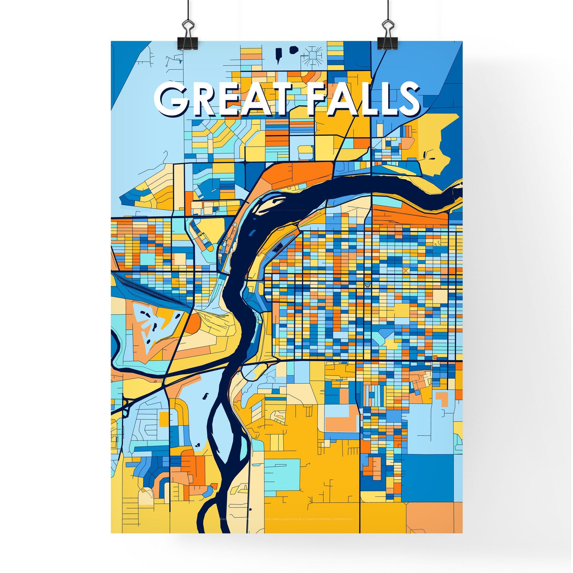 GREAT FALLS MONTANA Vibrant Colorful Art Map Poster Blue Orange