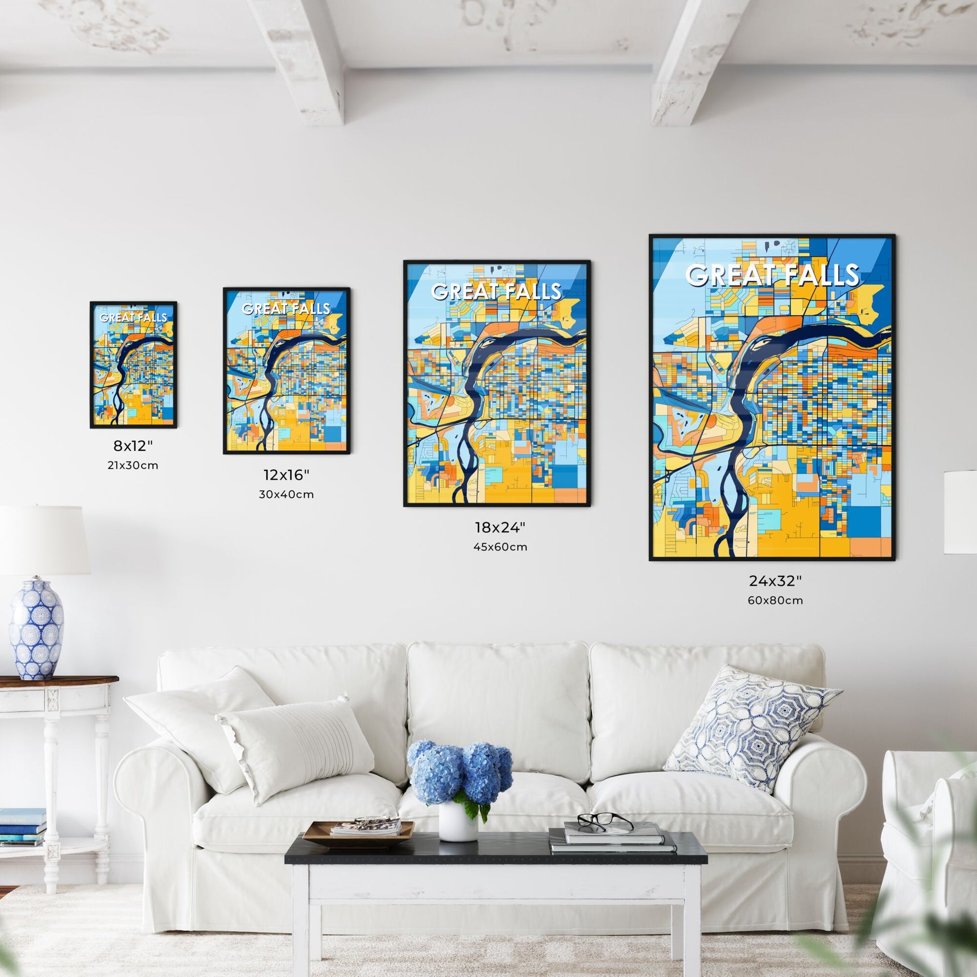 GREAT FALLS MONTANA Vibrant Colorful Art Map Poster Blue Orange