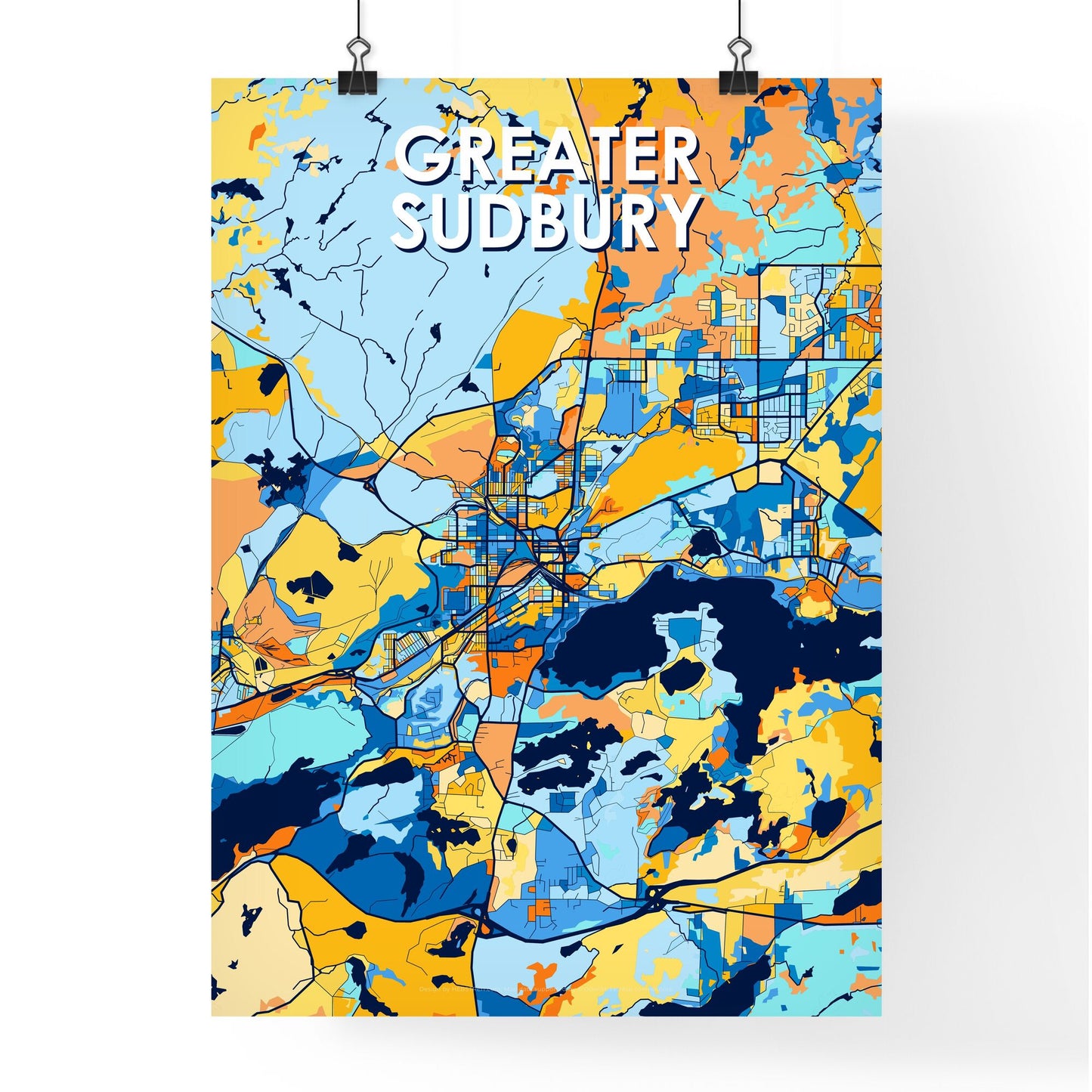 GREATER SUDBURY CANADA Vibrant Colorful Art Map Poster Blue Orange