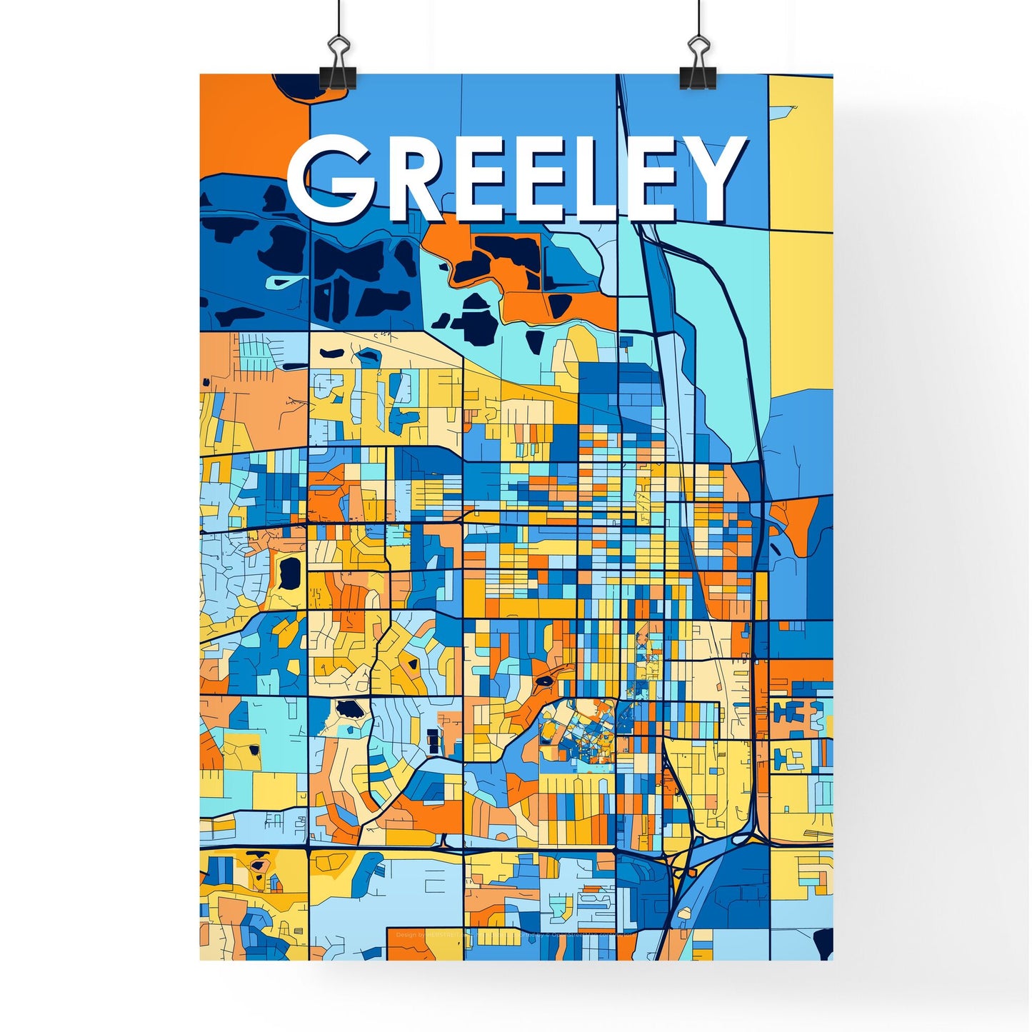 GREELEY COLORADO Vibrant Colorful Art Map Poster Blue Orange