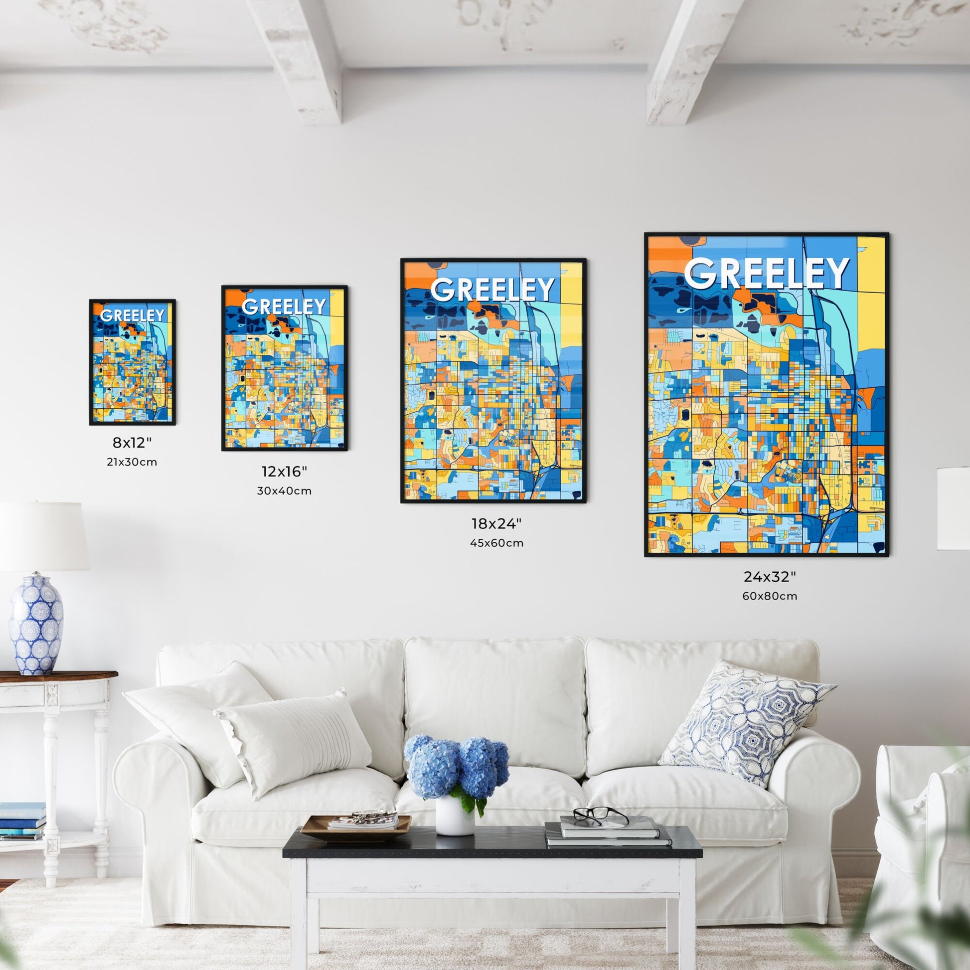 GREELEY COLORADO Vibrant Colorful Art Map Poster Blue Orange