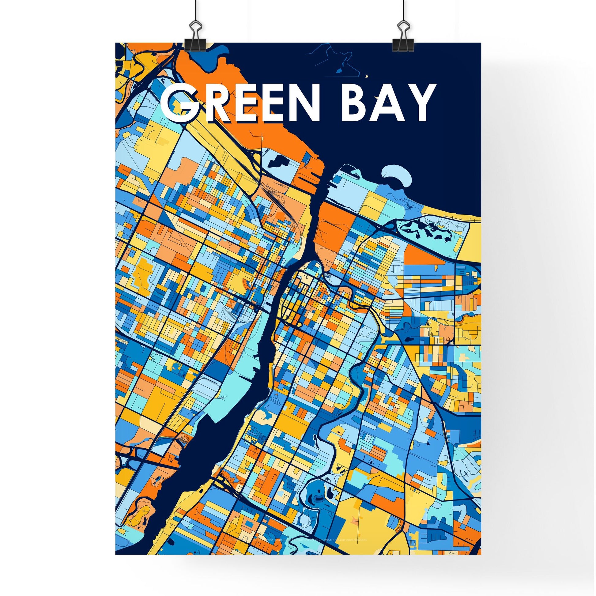 GREEN BAY WISCONSIN Vibrant Colorful Art Map Poster Blue Orange