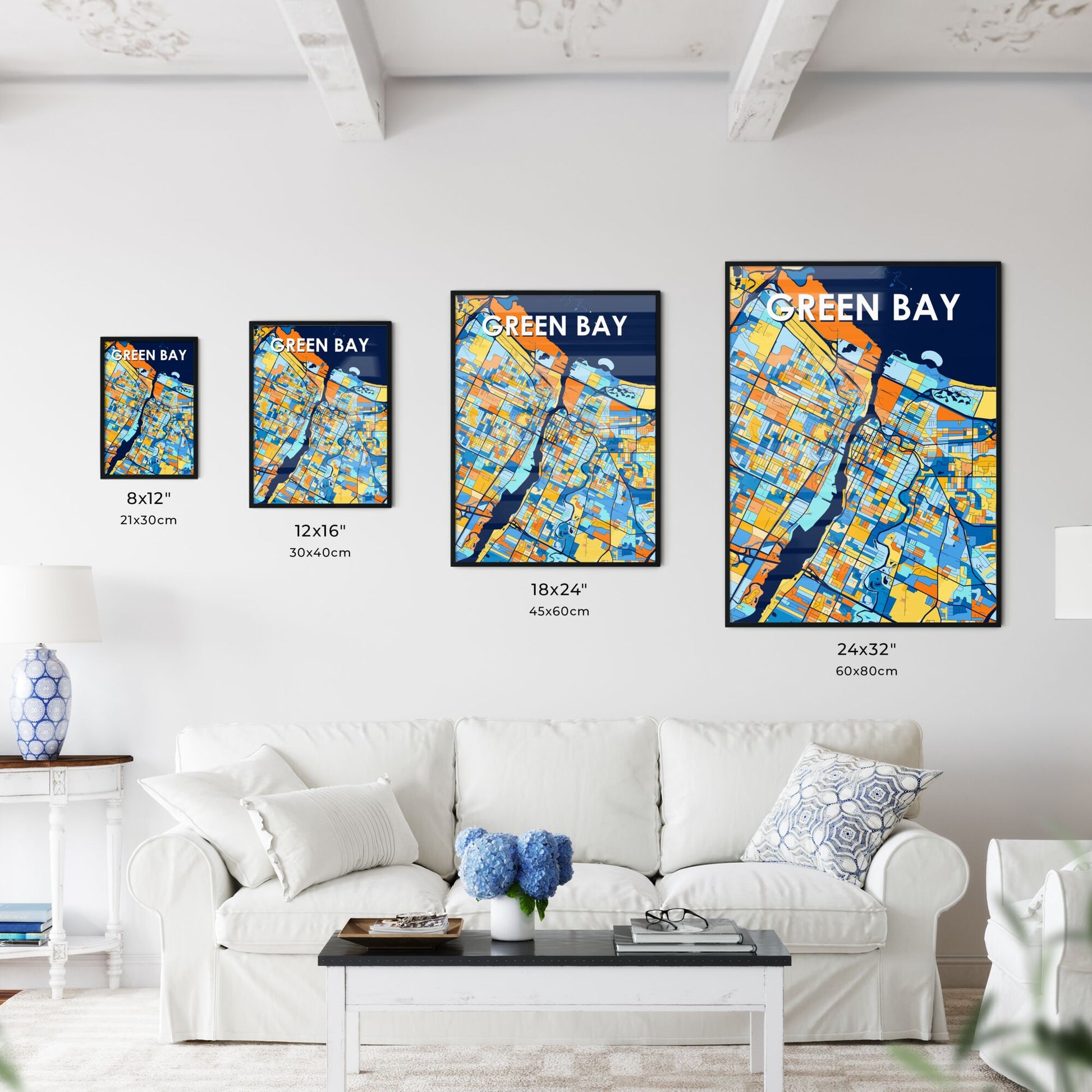 GREEN BAY WISCONSIN Vibrant Colorful Art Map Poster Blue Orange