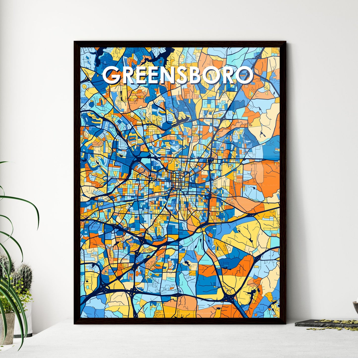 GREENSBORO NORTH CAROLINA Vibrant Colorful Art Map Poster Blue Orange