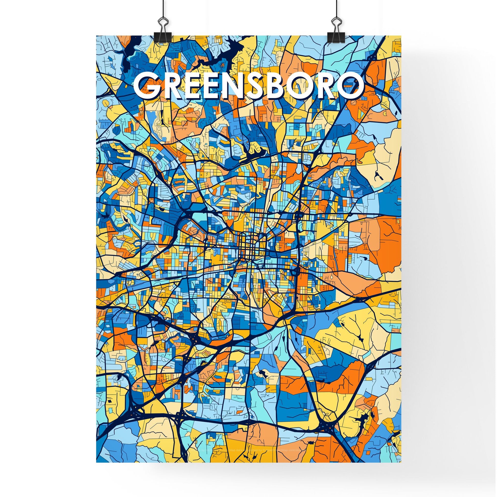 GREENSBORO NORTH CAROLINA Vibrant Colorful Art Map Poster Blue Orange