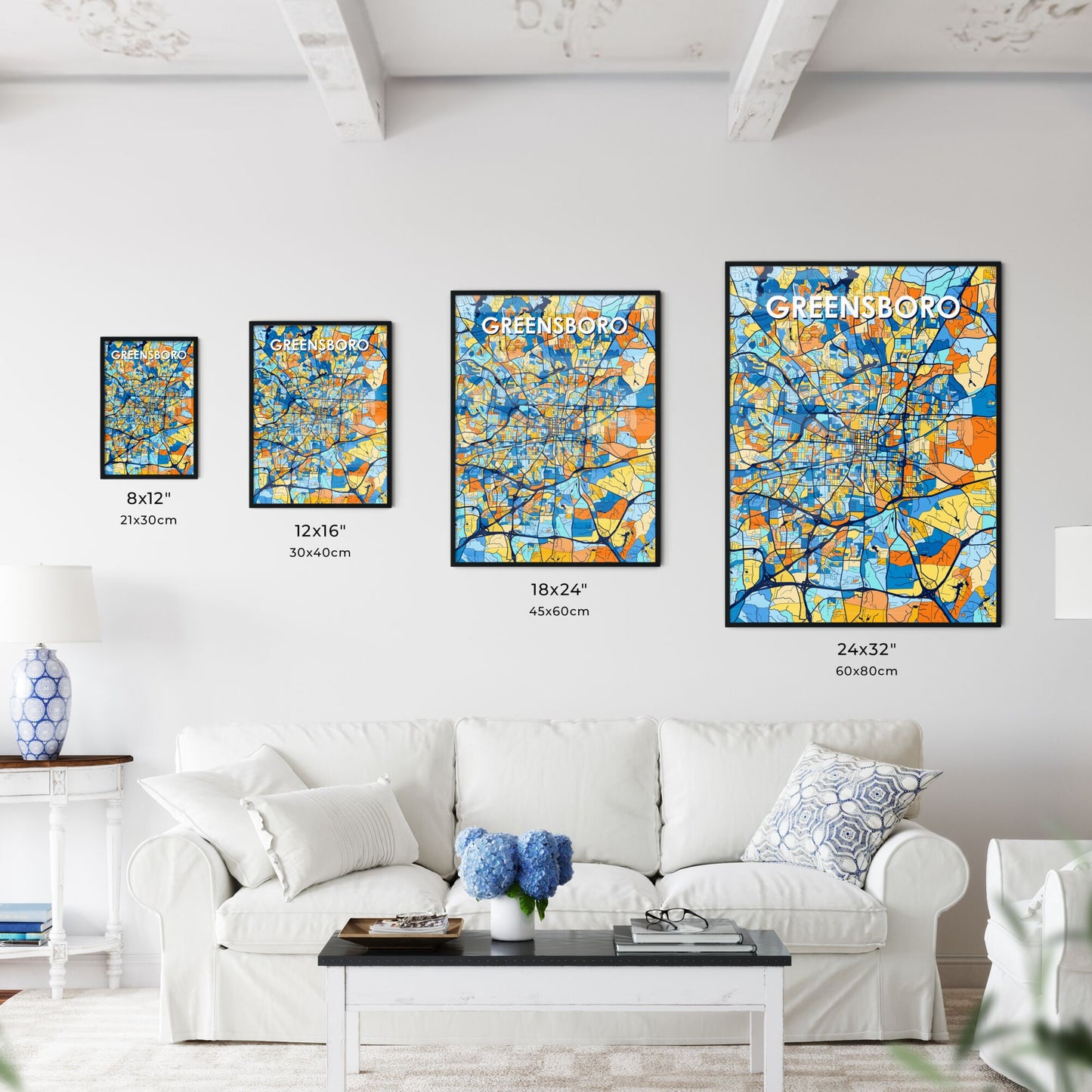 GREENSBORO NORTH CAROLINA Vibrant Colorful Art Map Poster Blue Orange