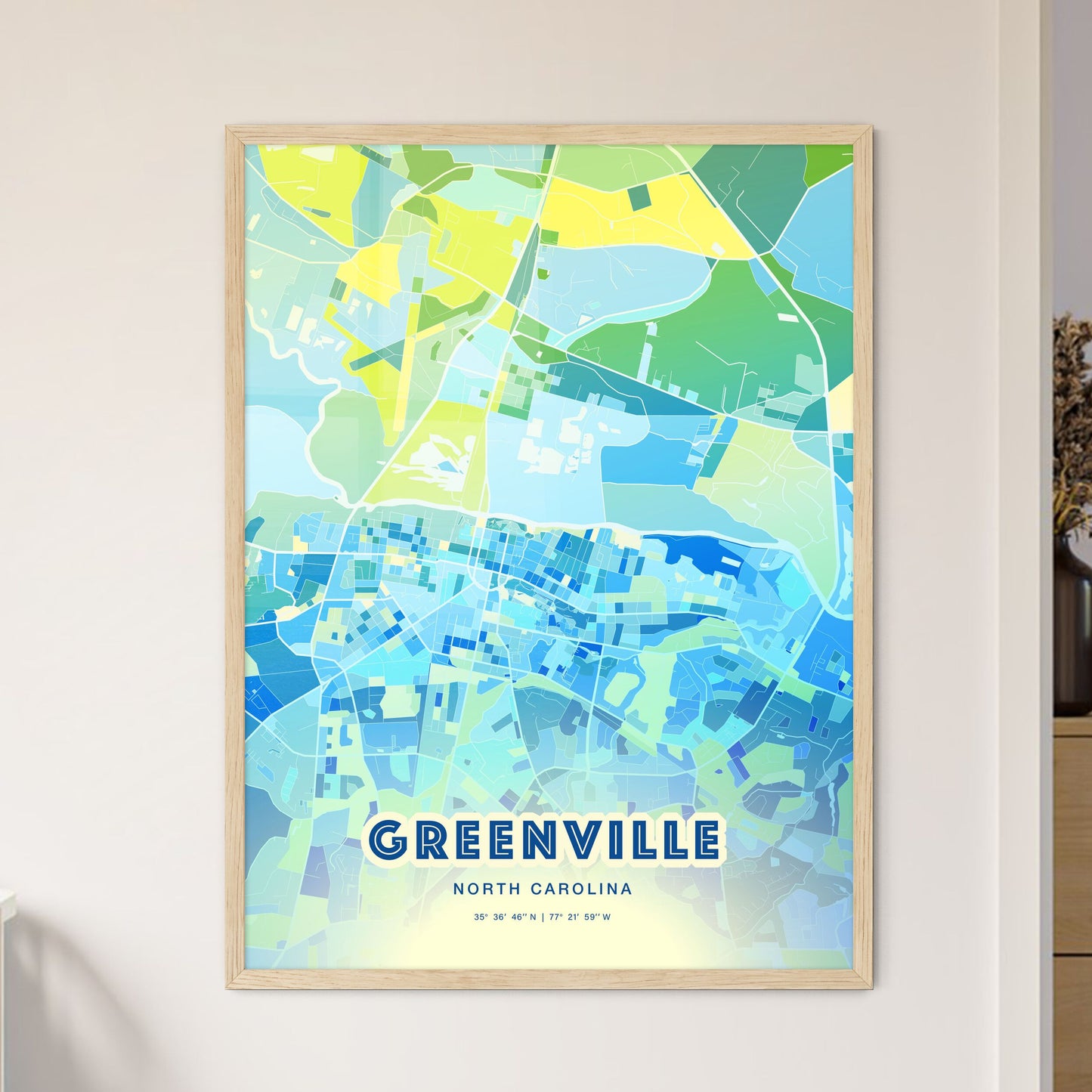 Colorful Greenville North Carolina Fine Art Map Cool Blue