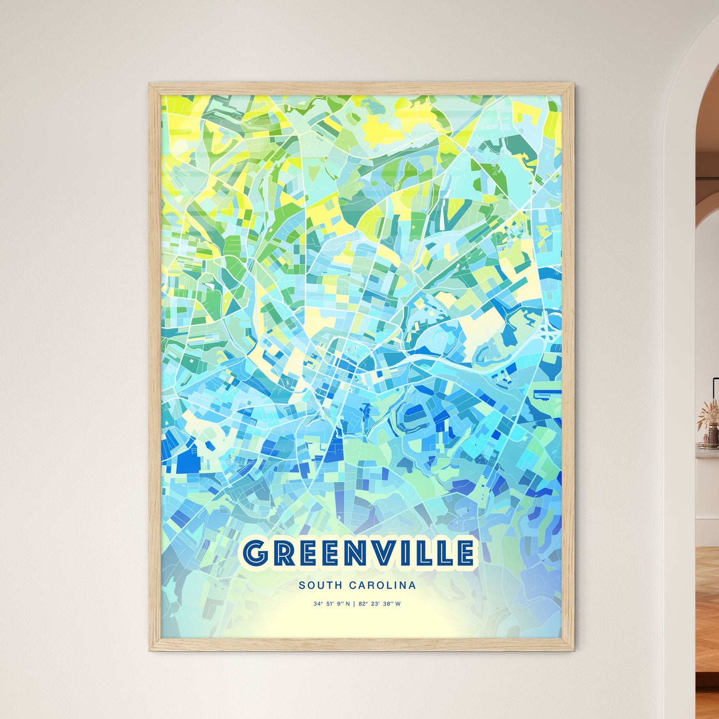 Colorful Greenville South Carolina Fine Art Map Cool Blue