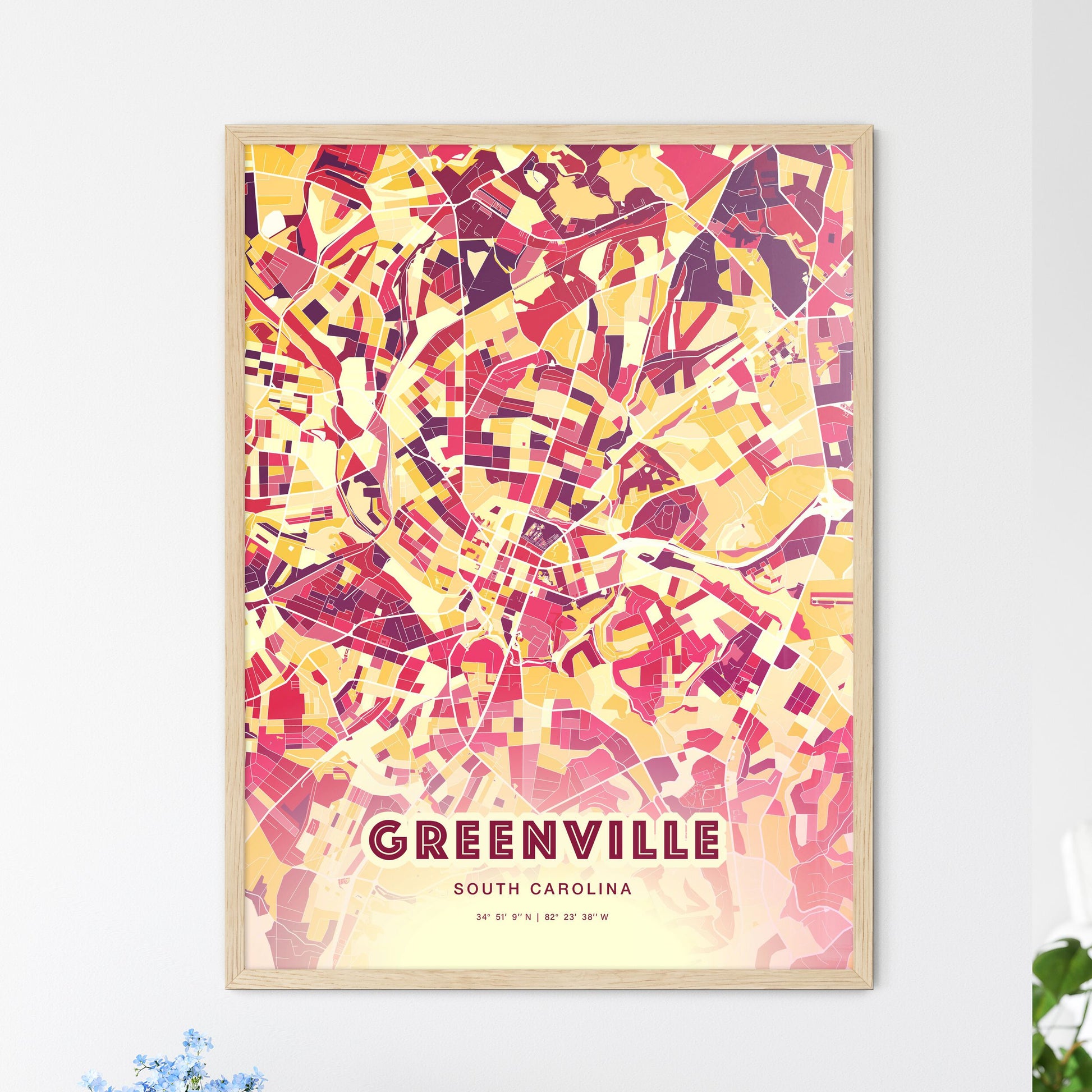 Colorful Greenville South Carolina Fine Art Map Hot Red