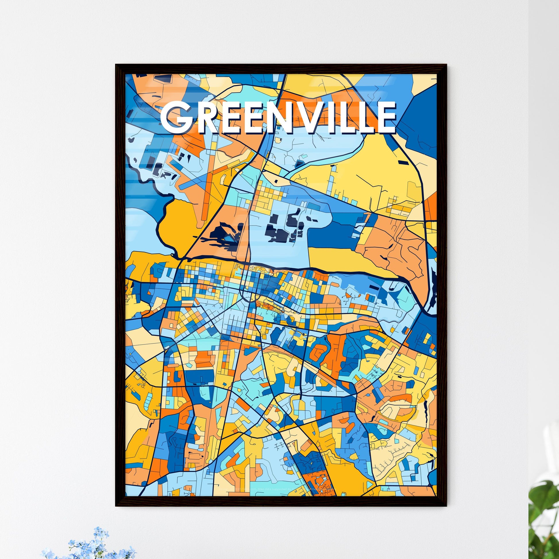 GREENVILLE NORTH CAROLINA Vibrant Colorful Art Map Poster Blue Orange