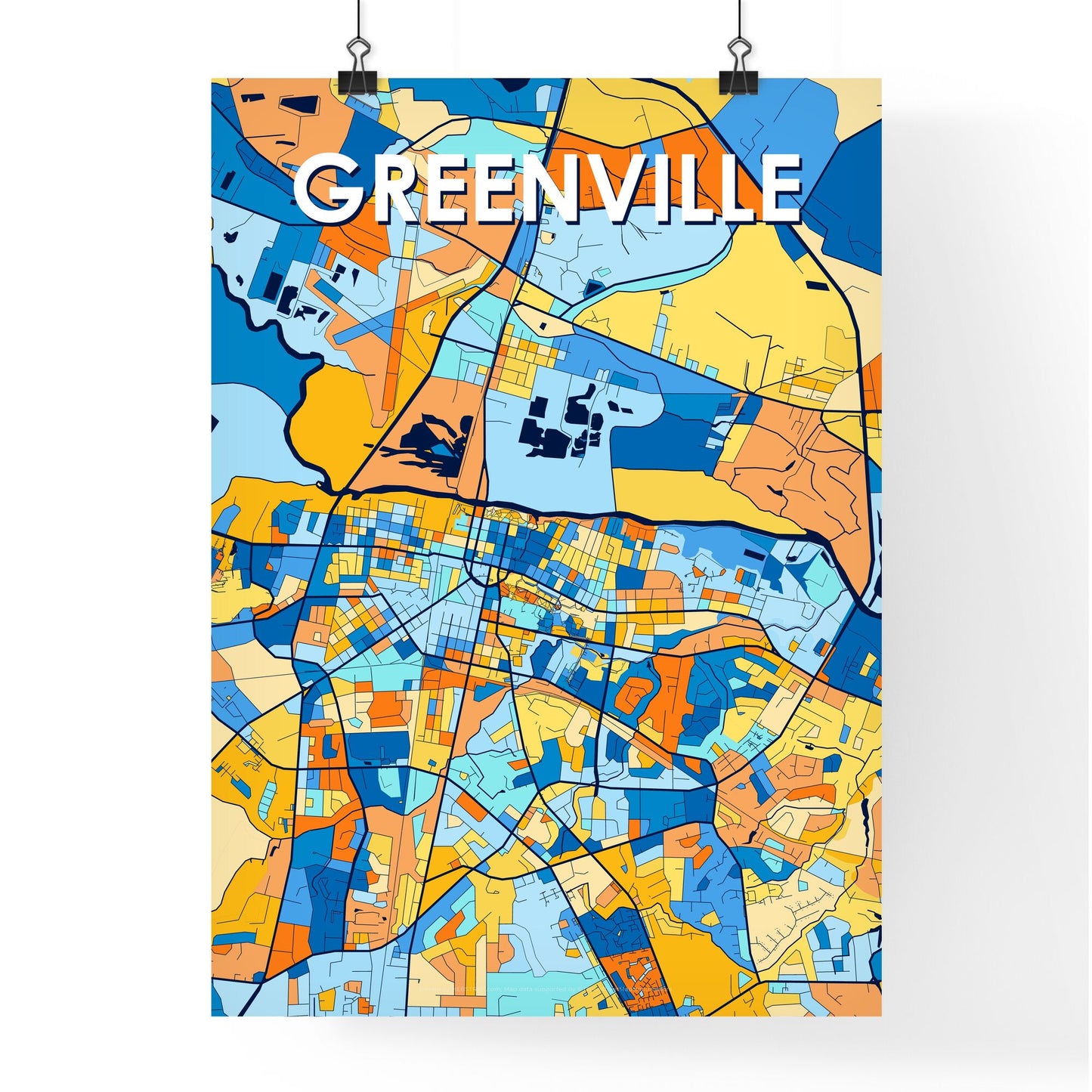 GREENVILLE NORTH CAROLINA Vibrant Colorful Art Map Poster Blue Orange