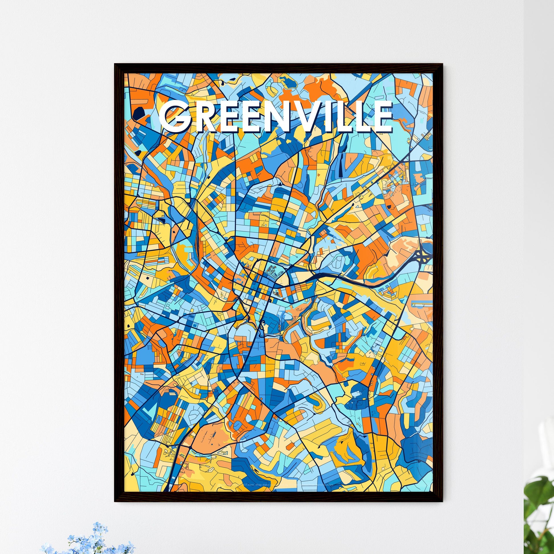 GREENVILLE SOUTH CAROLINA Vibrant Colorful Art Map Poster Blue Orange